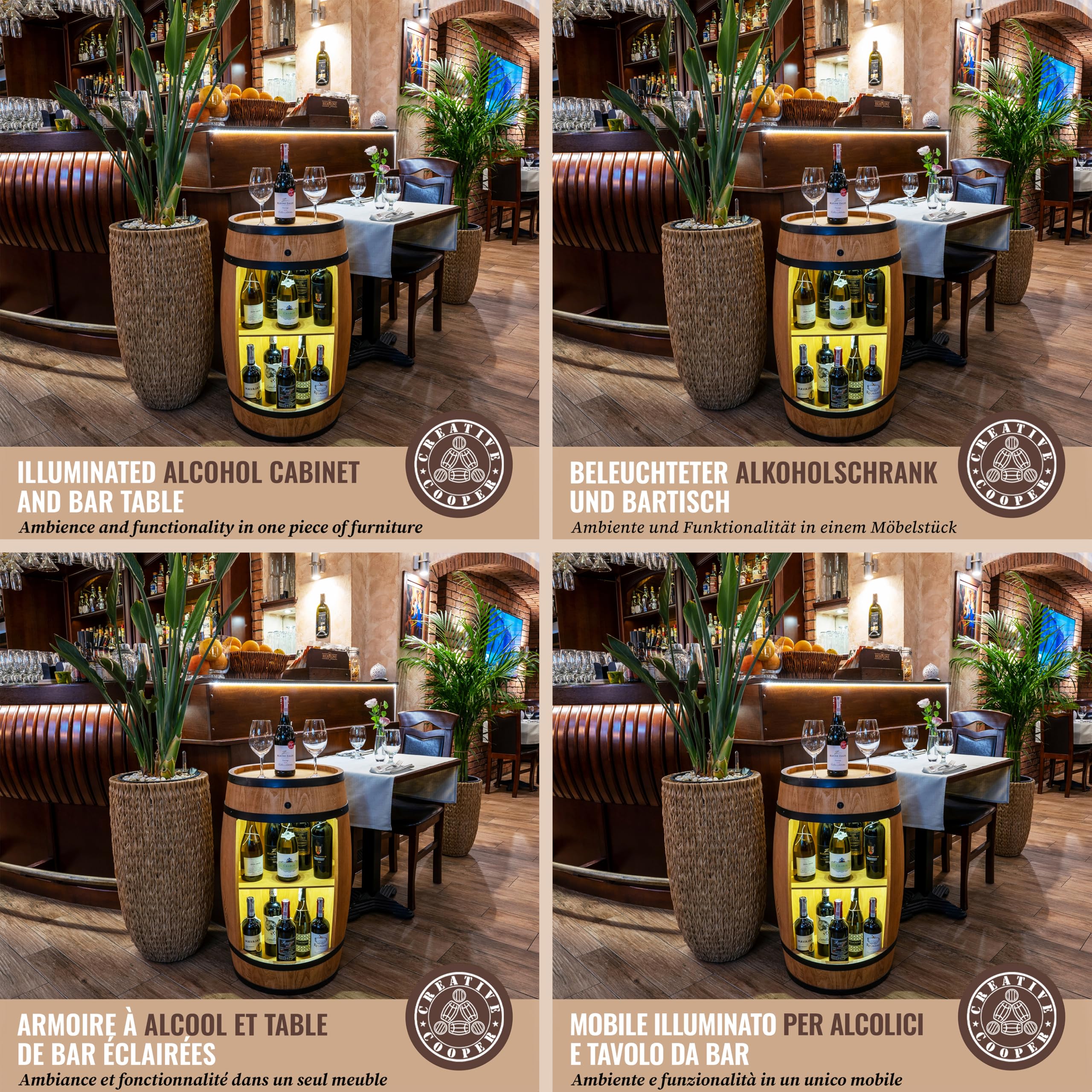 CREATIVE COOPER Tonneau en Bois avec éclairage LED - Armoire Bar Meuble Rangement Bouteille Alcool - Casier à Vin,Whisky, Bière et Boissons - Organisateur d'Armoires d'alcool - 80 cm De Haut (Chêne)