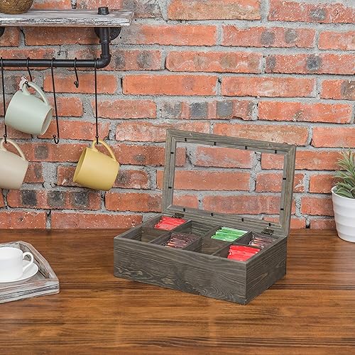 Miniatura 4 de MyGift Cofre de almacenamiento de té, caja de almacenamiento vintage de madera gris con 8 compartimentos y tapa transparente