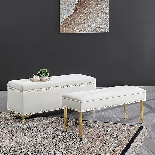 Miniatura 1 de Linique Juego de bancos de almacenamiento, bancos combinados 2 en 1 con ribete de cabeza de clavo, elegante otomana tapizada de terciopelo con
