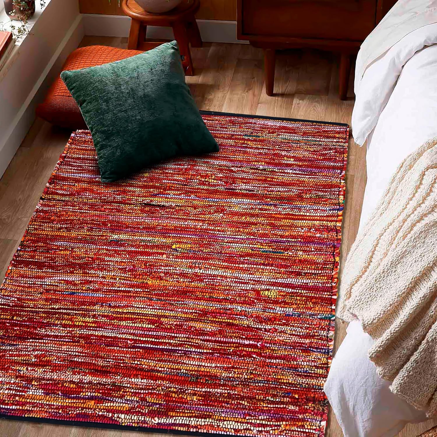 Ramanta Home Cotton Chindi Hand Woven Rug - 3x5 ft Multi Color, Reversible Area Rugs for Living Room, Kitchen, Bedroom, Biodegradable Bohemian Throw Carpet for Hpme & Office Patio - 36x60 Inches
