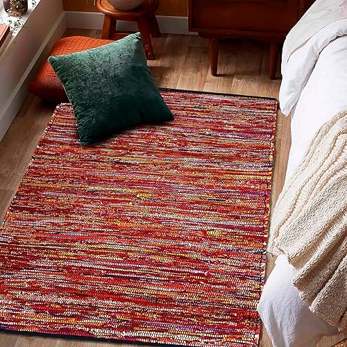 Miniatura 5 de Alfombra de algodón multicolor Chindi tejida a mano, 36 x 60 pulgadas, alfombra de trapo, rectangular, bohemia, colorida, alfombra reciclada