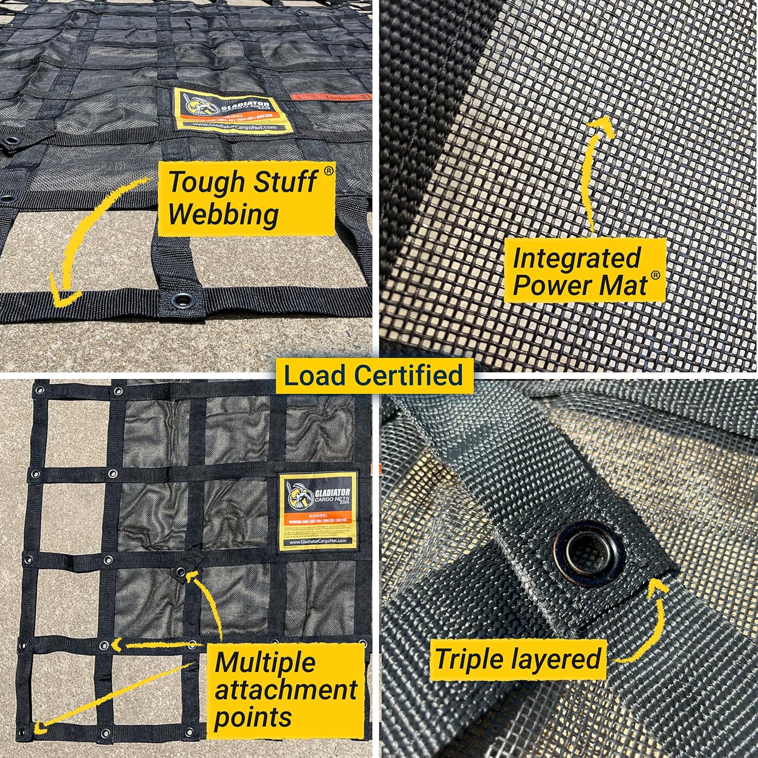 Gladiator Cargo Nets - Heavy Duty Cargo Net - Truck Organizer-Interior-Roof Rack-Jeep-SUV- Baja-Camping -(GBN-100) 4' x 4'