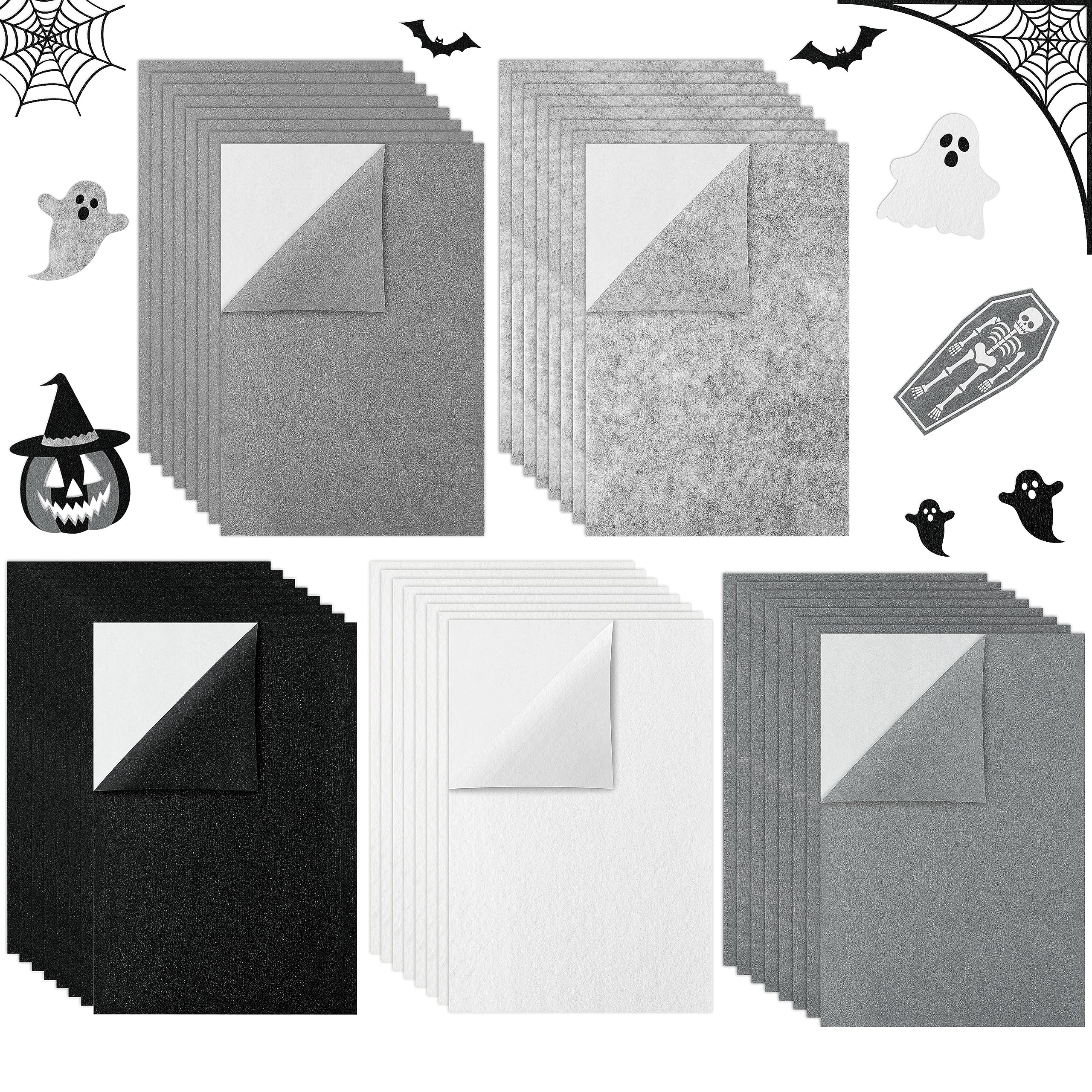 40Pcs Black Self Adhesive Felt Sheets in 5 Colors A4 Size Grey Sticky Back Felt Fabric Soft Velvet Drawer Liner Ideal for Autumn Halloween Decoration Patchwork Sewing Craft DIY Supplies