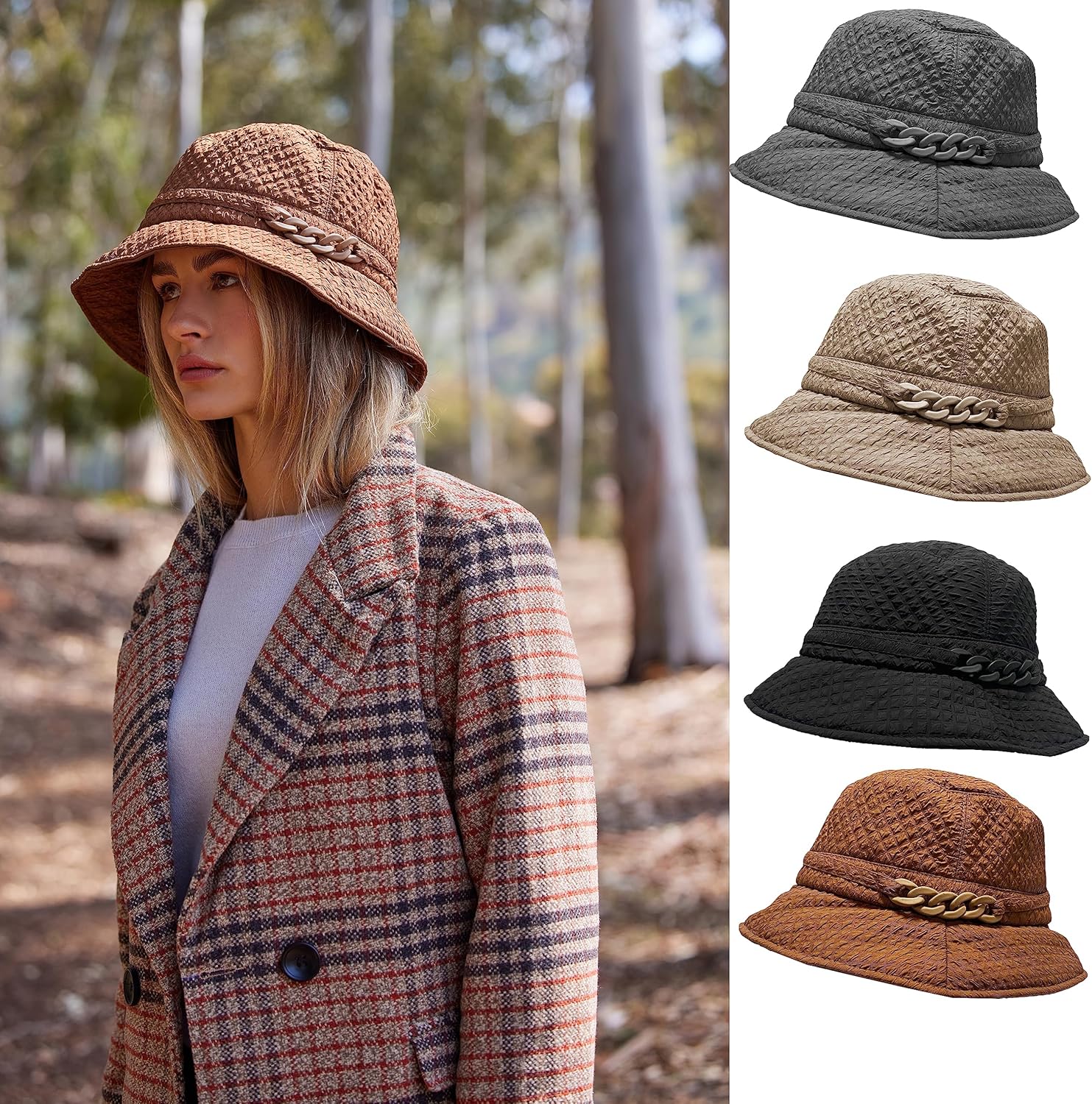 Foldable Water Repellent Quilted Rain Hat w/Adjustable Drawstring, Bucket Cap - Image 2