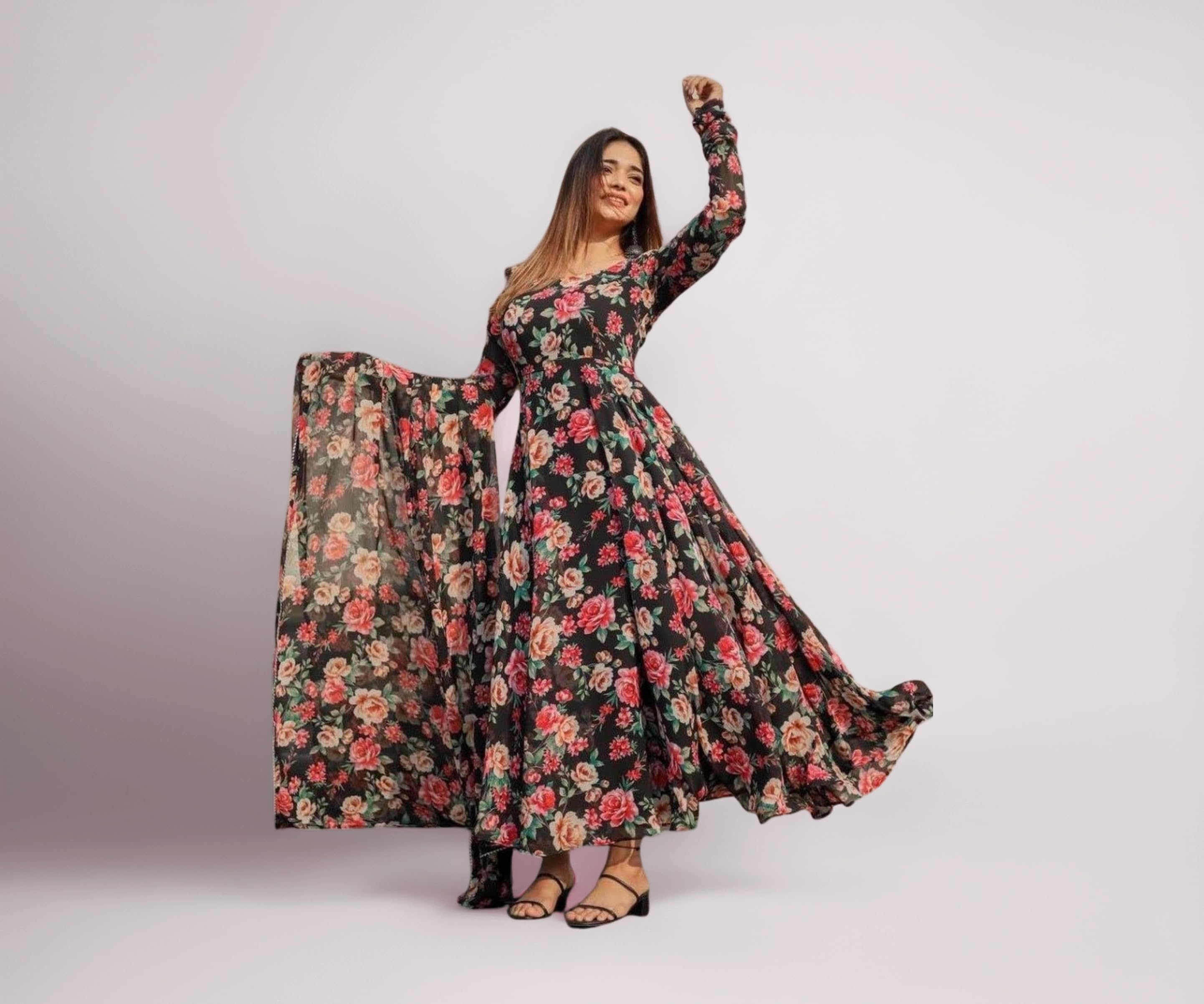 Modestouze Attires Women's Floral Georgette Kurta Set with Dupatta | Round Neck Full Sleeve Fit Flared Anarkali Kurti