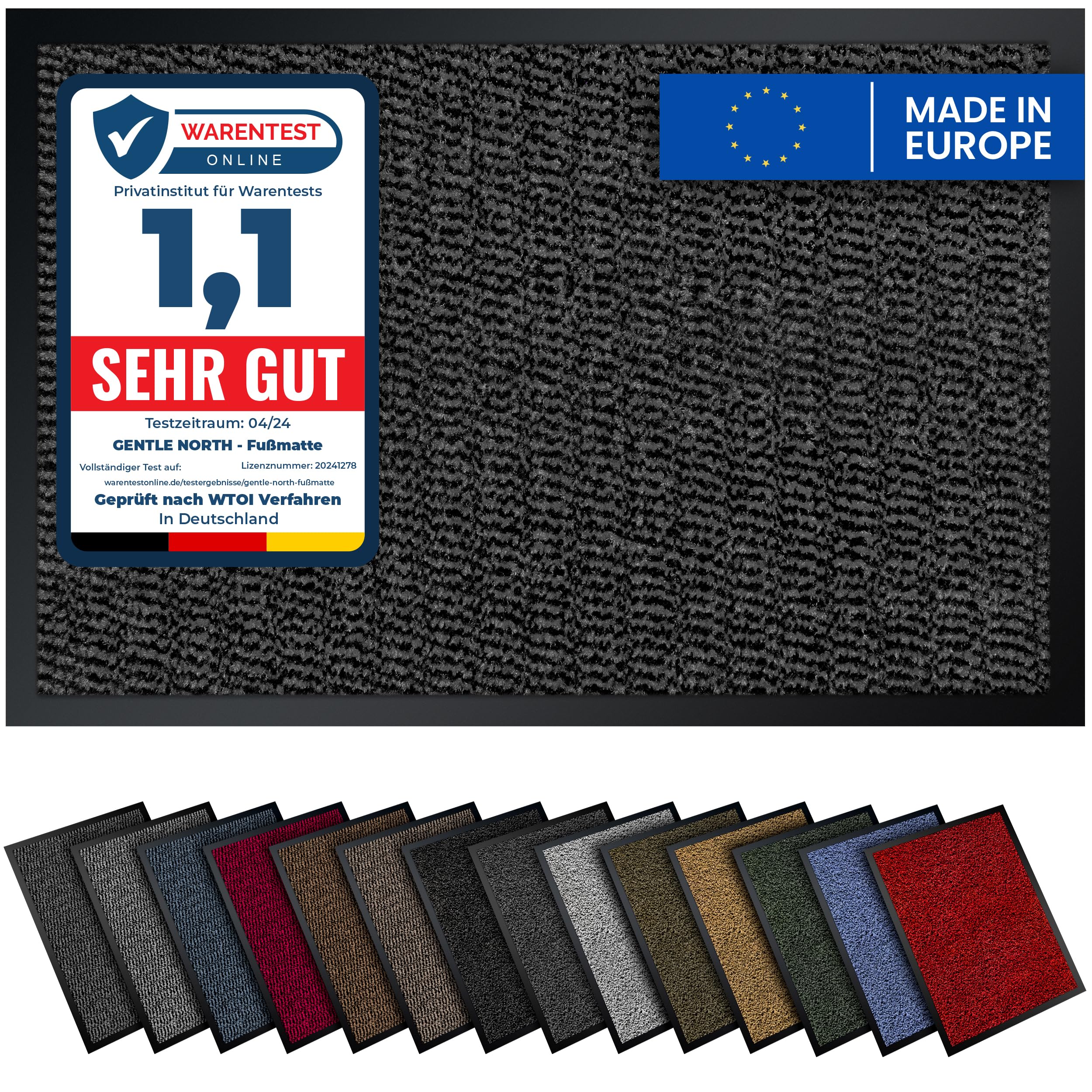 Gentle North Hochwertige Fußmatte grau schwarz 40x60cm groß für Innen & Außen - Schmutzfangmatte rutschfest, waschbar & wetterfest - für Eingangsbereich & Aussenbereich - Läufer Flur dünn