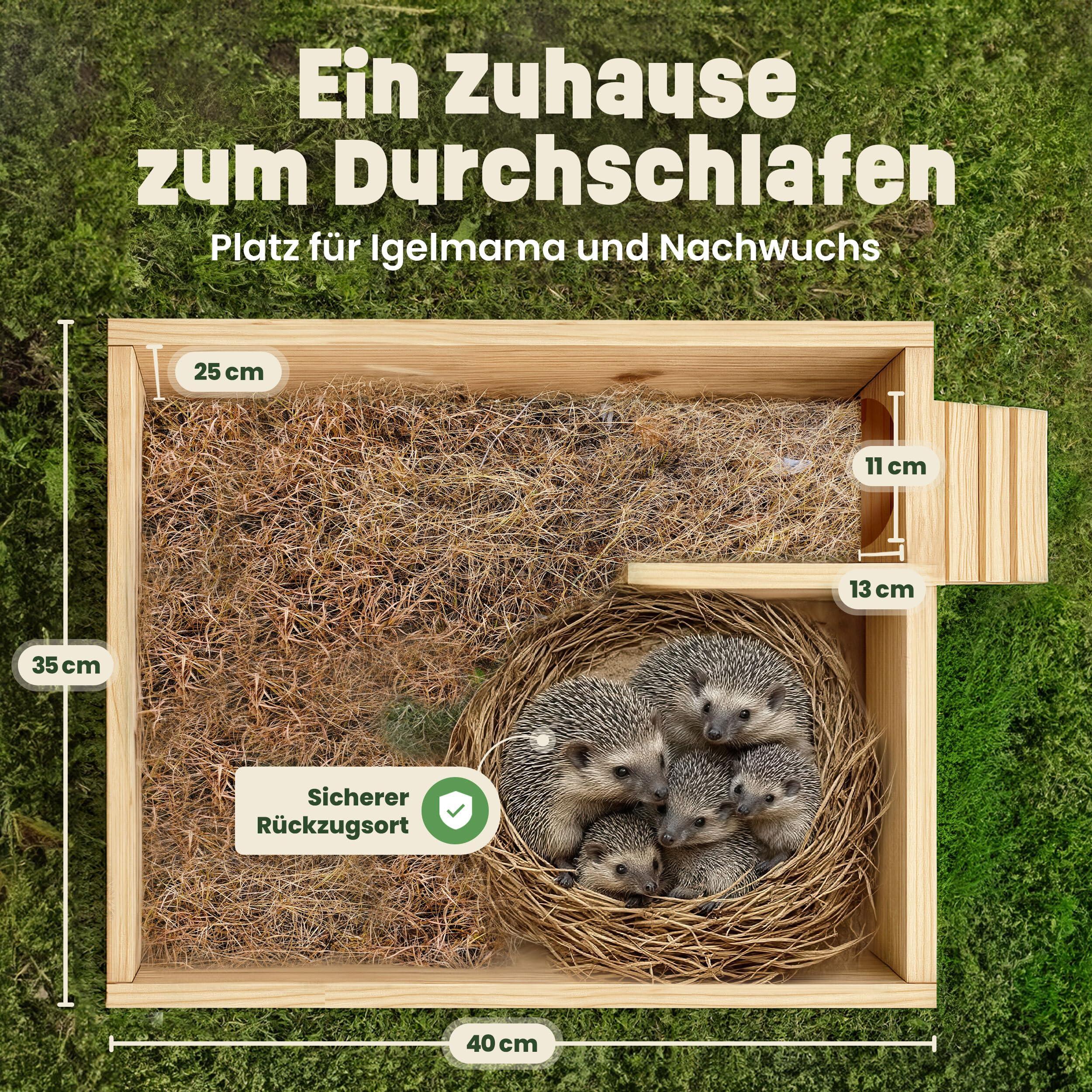 zooprinz Igelhaus aus Vollholz – Winterfest & wetterfest, mit Bodenplatte – Labyrinth-Eingang gegen Räuber – erhöht, warm & trocken – Outdoor Igelfutterhaus für Garten, fertig montiert (Mittelbraun)