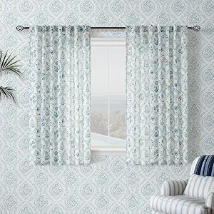 Blue Floral Short Curtains 45 Inch Length for Kitchen Dining Room Back Tab Farmhouse Light Filtering Blue Pattern Print on Cream White Small Linen Cafe Curtain Panel Vintage Farmhouse Room Decor