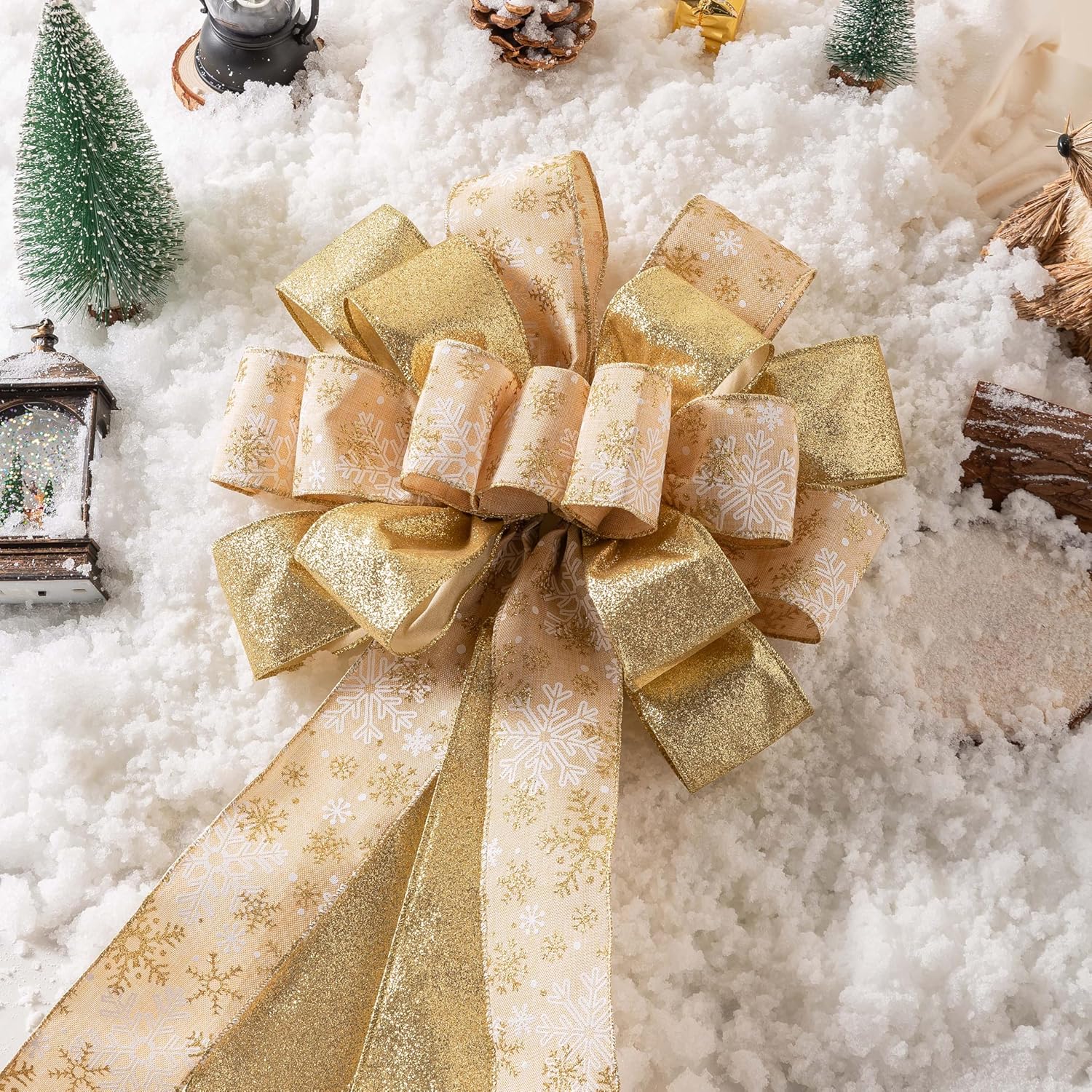 Christmas Tree Topper, 40x13 Inches Toppers Bow with Glitter Satin Mesh Streamer and Patterned Ribbon, Christmas Tree Topper Bow for Christmas Home Decoration (Gold) - Image 4