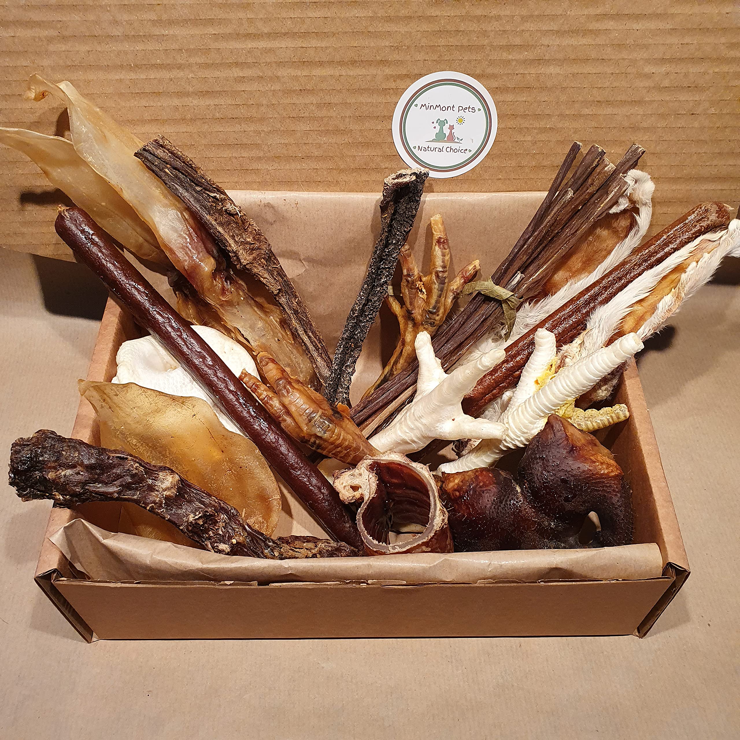 Natural treats for dogs healthy selection variety box. Long lasting natural chews. Great Value box. Rabbit Ears, Pizzle