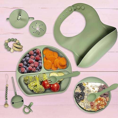 Miniatura 5 de Paquete de 14 suministros de destete LED para bebés, juego de alimentación de bebé de silicona, juego de platos y cuencos para niños, platos para