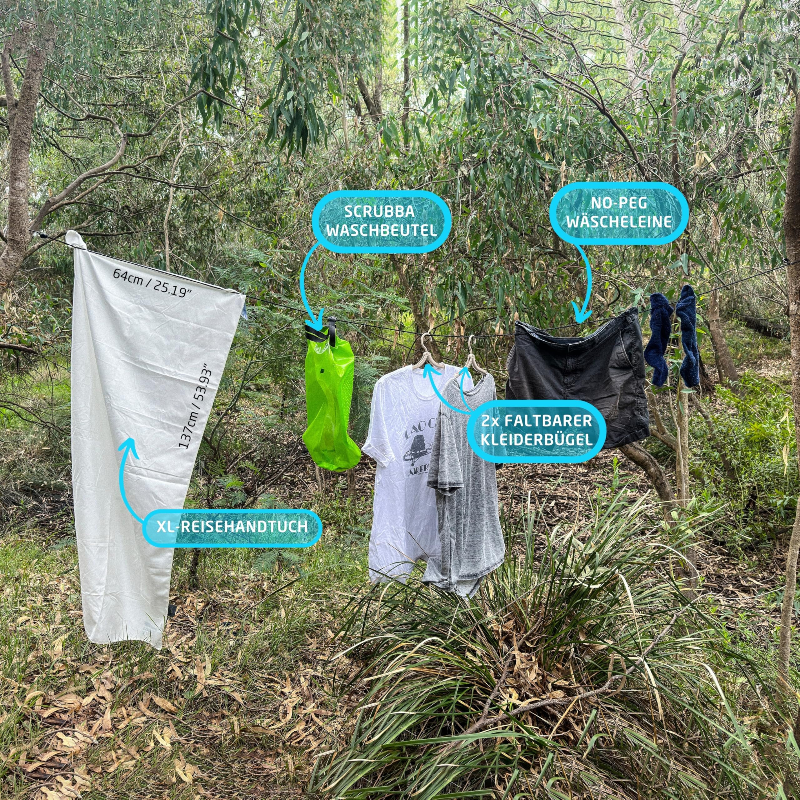 Scrubba Waschbeutel & Trocken-Set – Tragbares Waschsystem mit XL Handtuch, Wäscheleine & Haken – Für Camping, Reisen, Hostels & Hotels – Leicht & kompakt – Mobile Waschmaschine für unterwegs