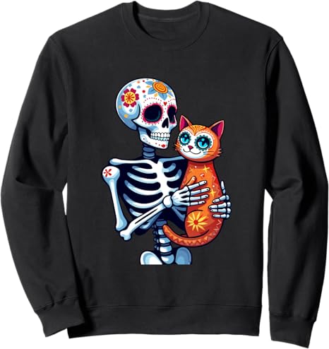 Skeleton & Cat Sugar Skull Día de los Muertos tees