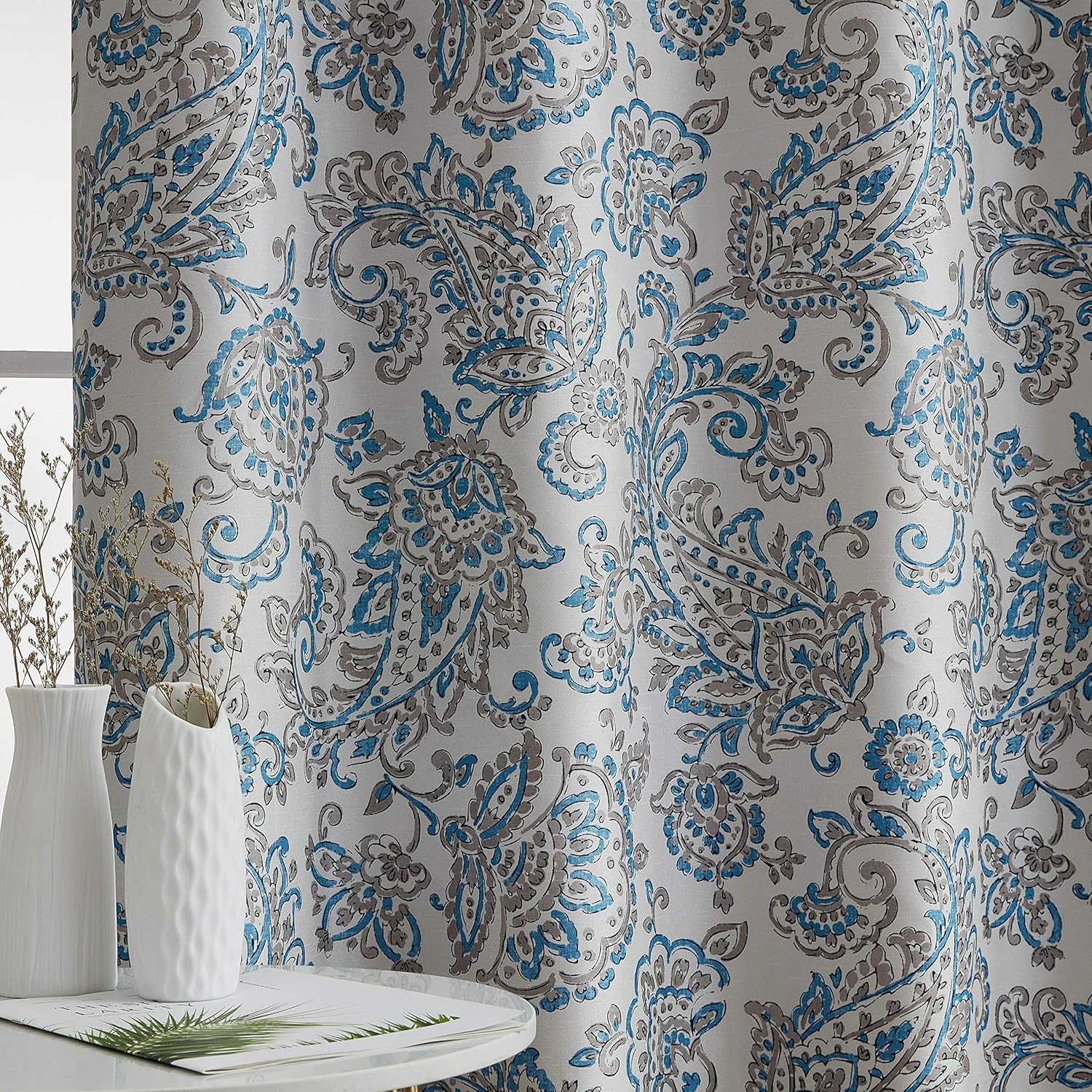 HLC.ME Amalfi Paisley Faux Silk 100% Blackout Bedroom Room Darkening Thermal Lined Curtain Grommet Panels - Energy Efficient, Complete Darkness, Noise Reducing - Set of 2 (Blue, 52" W x 72" L)