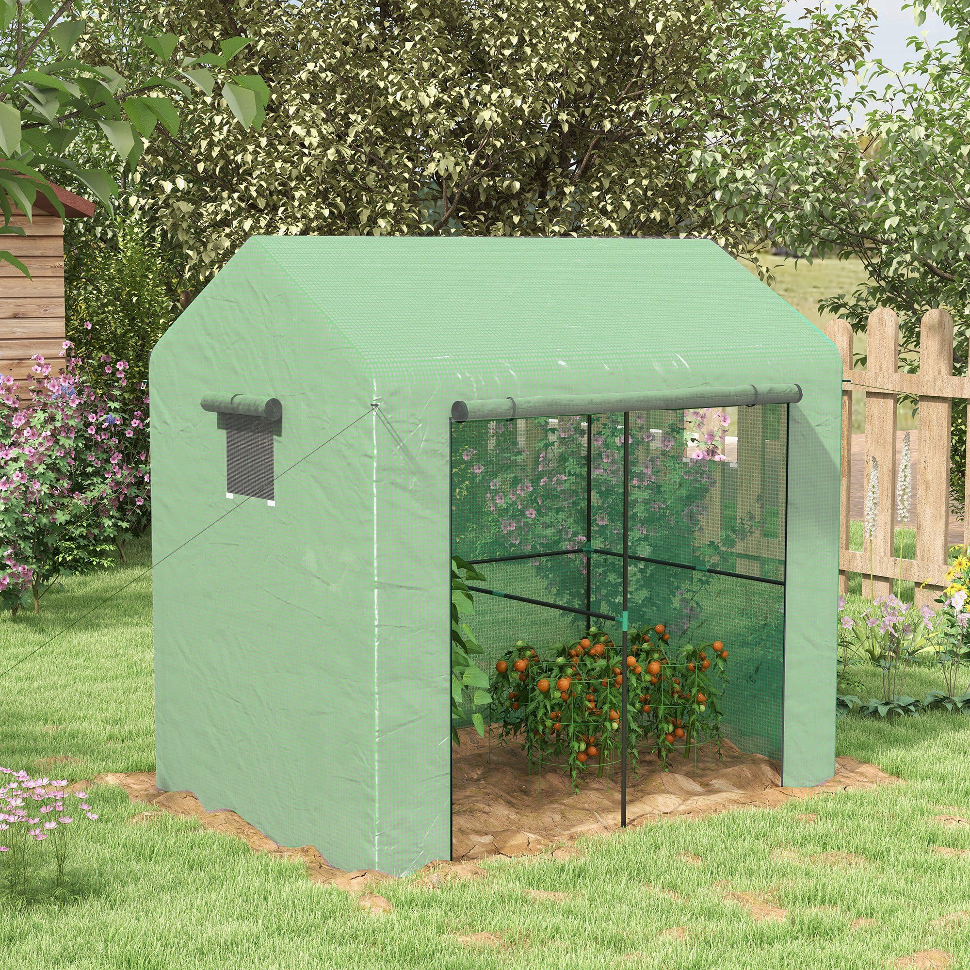 Outsunny Serre de Jardin PE, Serre de Balcon, bâche renforcée 135 g/m², châssis en Acier, Porte zippée Enroulable, pour légumes Plantes Fleurs, intérieur et extérieur, 200 x 140 x 200 cm, Vert