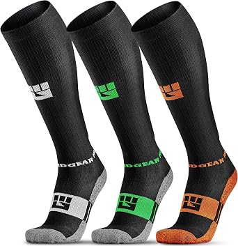 MudGear Premium Compression Socks Medium 3-Pack - Run, Hike, Trail, Recovery (Size Medium - Black/Gray, Black/Green, and Black/Orange)
