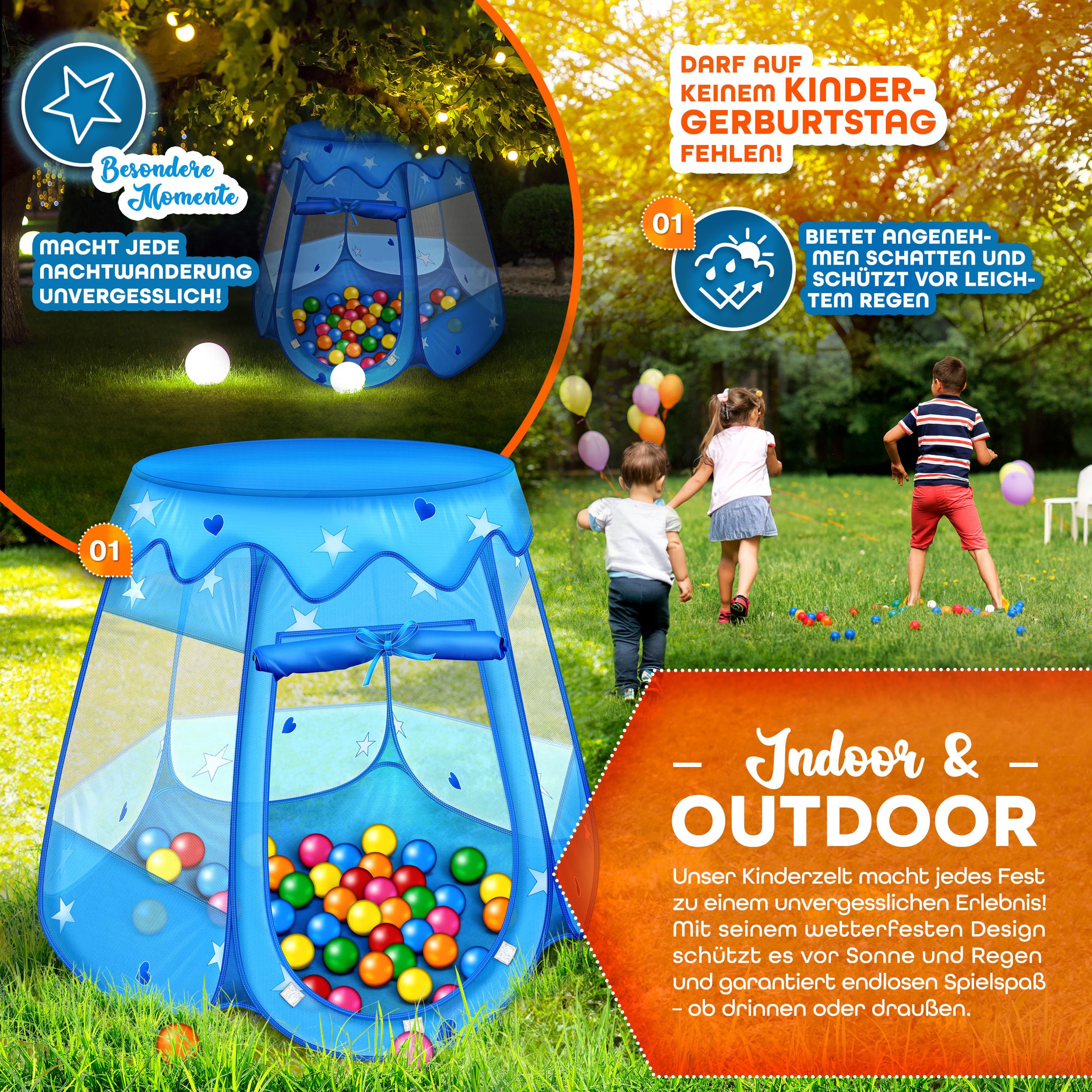 KIDUKU® Kinderspielzelt + 100 Bälle + Tasche Spielhaus Bällebad Schloss für drinnen und draußen (Blau)