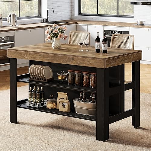 Miniatura 11 de Tribesigns Isla de cocina con estantes para asientos y almacenamiento, mostrador de desayuno de 55.1 pulgadas, mesa de isla de granja para cocina y