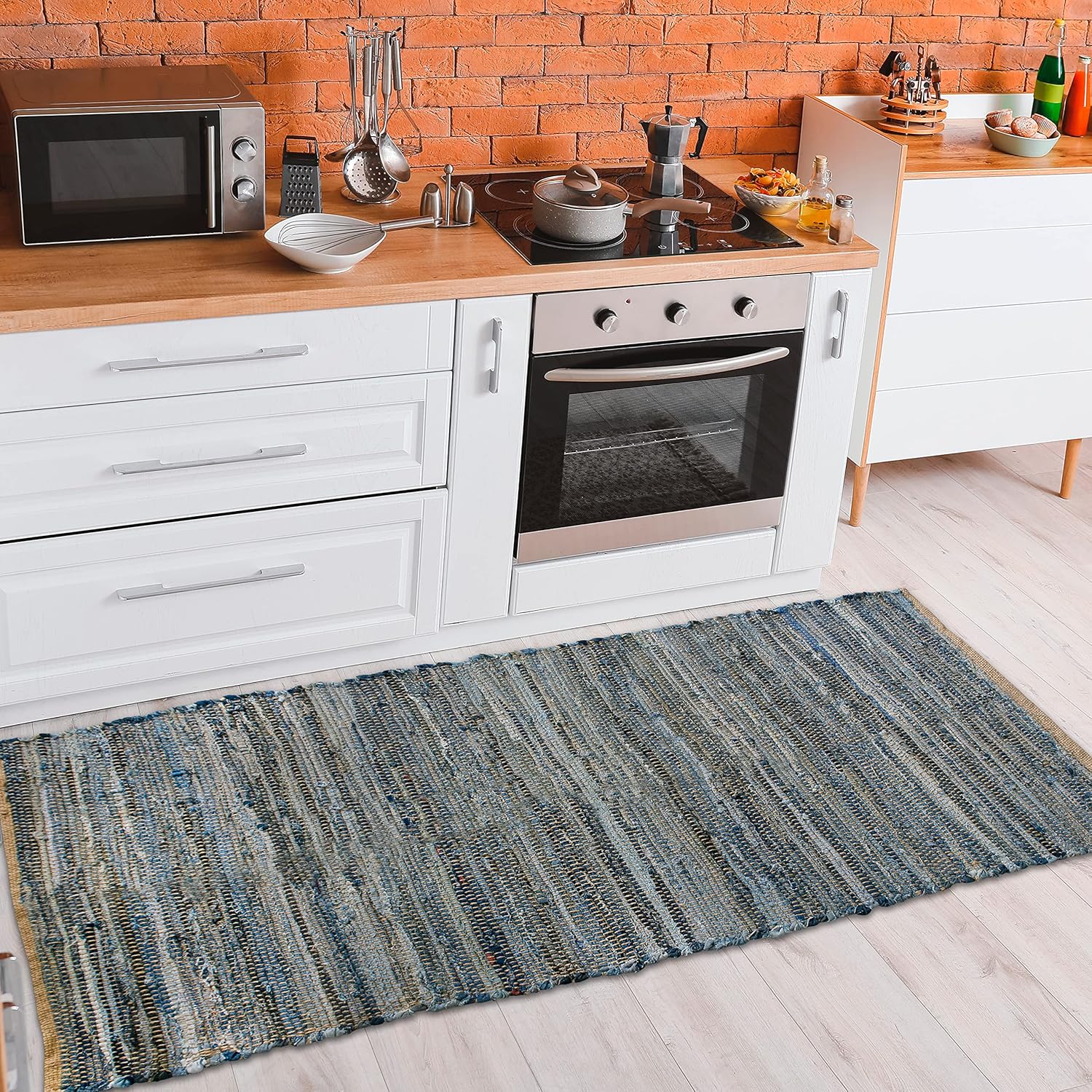 Chardin home Farmhouse Rag Rug Runner 2x5 feet Denim Blue | Cotton & Jute Hand Woven Chindi Rug, Long Boho Rug | Perfect for Hallways, Kitchens, Bathroom, bedrooms | Shades of Blue - Image 8