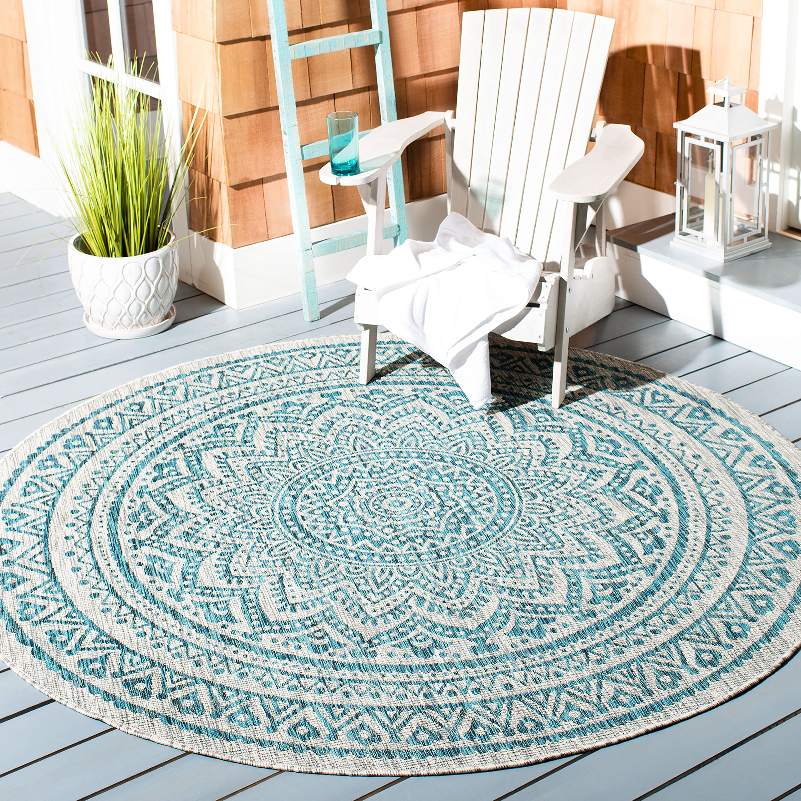 SAFAVIEH Courtyard Collection 9' Round Light Grey / Teal CY8734 Indoor/ Outdoor Waterproof Easy Cleaning Patio Backyard Mudroom Area Rug