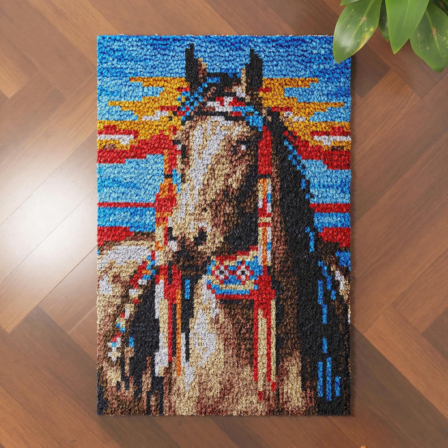 Indian Horse Latch Hook Rug Kit for Adults Easy Carpet Cushion with Printed Canvas Crochet Yarn Craft DIY Hooking Tapestry for Home Floor Decoration Pets Pads 52x38cm(1)