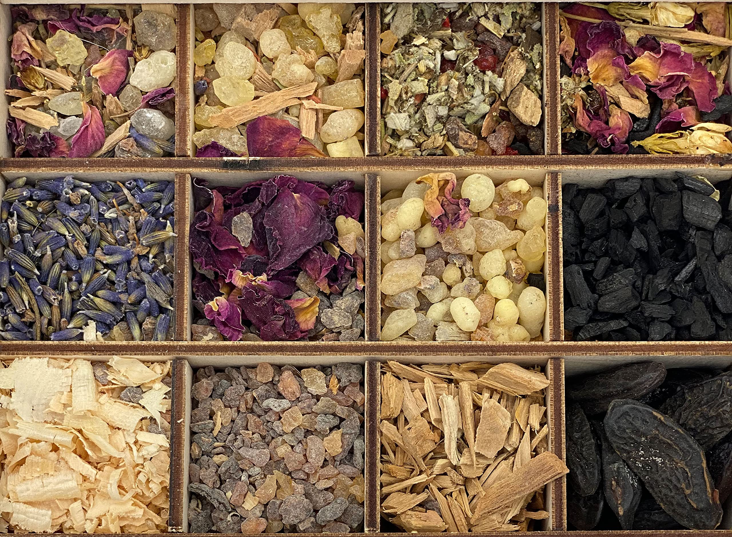 Caja de regalo Räucherbox con 12 variedades de mezclas de incienso para dejar ir y meditación, 14 x 10 x 4 cm