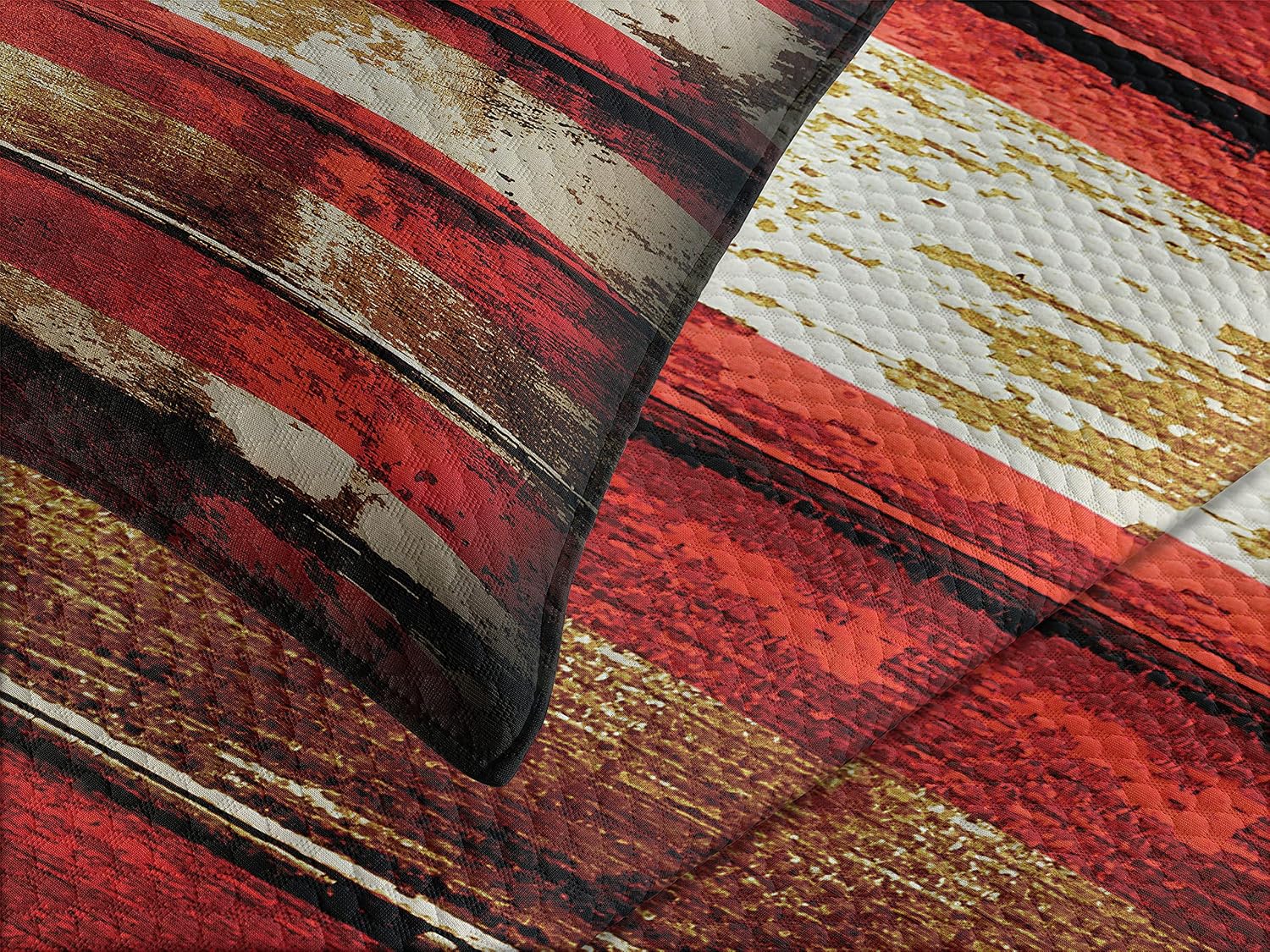 Ambesonne American Flag Bedspread, Us Over Old Rusty Tones Weathered Vintage Social Plank Artwork, Decorative Quilted 3 Piece Coverlet Set with 2 Pillow Shams, King Size, Red Beige