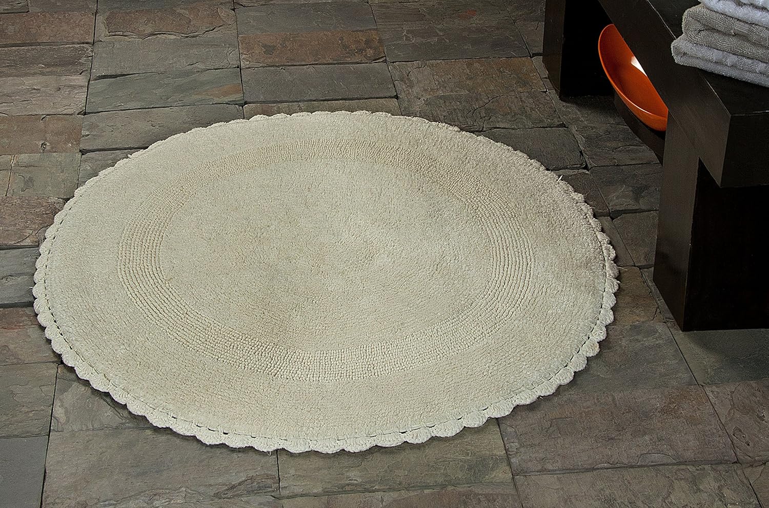 Bath Rug 100% Soft Cotton 36 Inch Round, Reversible-Different Pattern On Both Sides, Solid Ivory Color, Hand Knitted Crochet Lace Border, Hand Tufted, 200 GSF Weight, Machine Washable