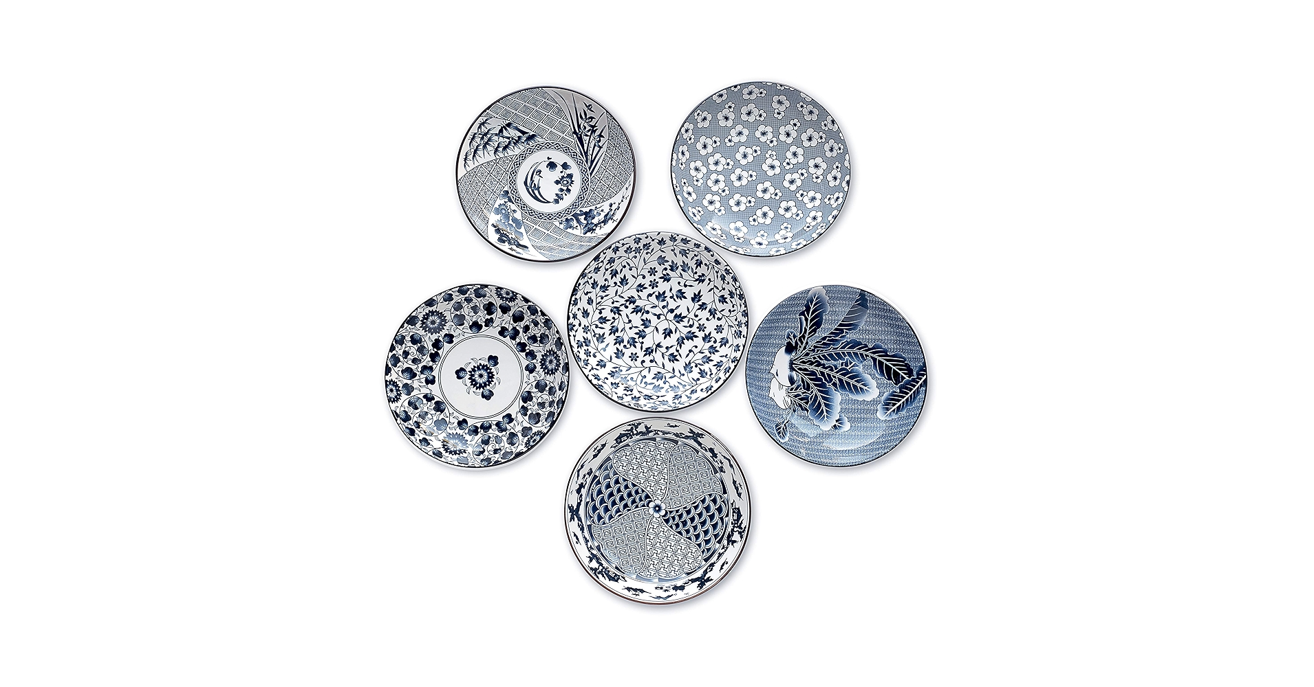 Amazon.com: 日式陶瓷各種設計傳統藍色和白色圖案餐具套裝(6 件組藍色