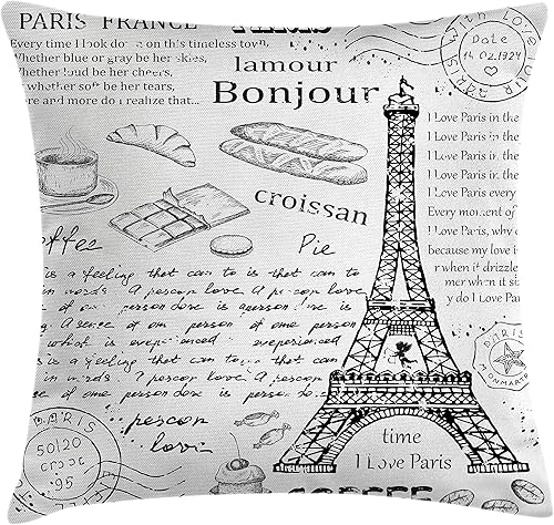 Miniatura 1 de Ambesonne Funda de cojín de París, elementos tradicionales famosos de París, Bonjour Croissan, café, Torre Eiffel, funda de almohada decorativa