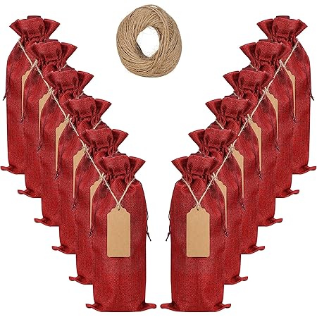 FASOTY 12-Pack Burlap Wine Bags With Drawstring - Reusable Gift Bags With Tags & Rope For Weddings & Parties