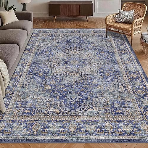 Washable Area Rug 5' x 7' Vintage Traditional Persian Mat - Foldable Distressed Non-Slip Machine Washable Carpet for Liv