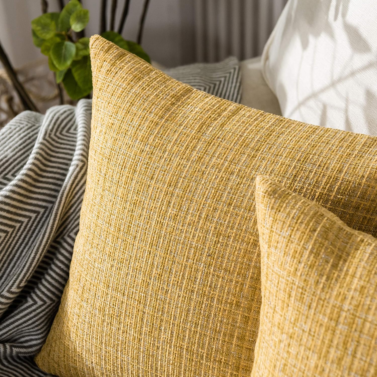 Ohshimun Square Decorative Throw Pillow Covers Soft Chenille Cushion Covers 18 X 18 for Sofa Bed, Set of 2, Mustard Yellow