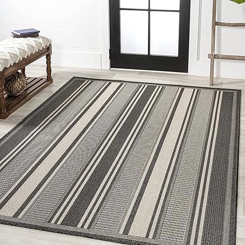 Miniatura 4 de JONATHAN Y Haynes - Alfombra moderna de doble raya para interiores y exteriores, 8 x 10 pies, color negro y crema, para patio trasero, porche, fácil