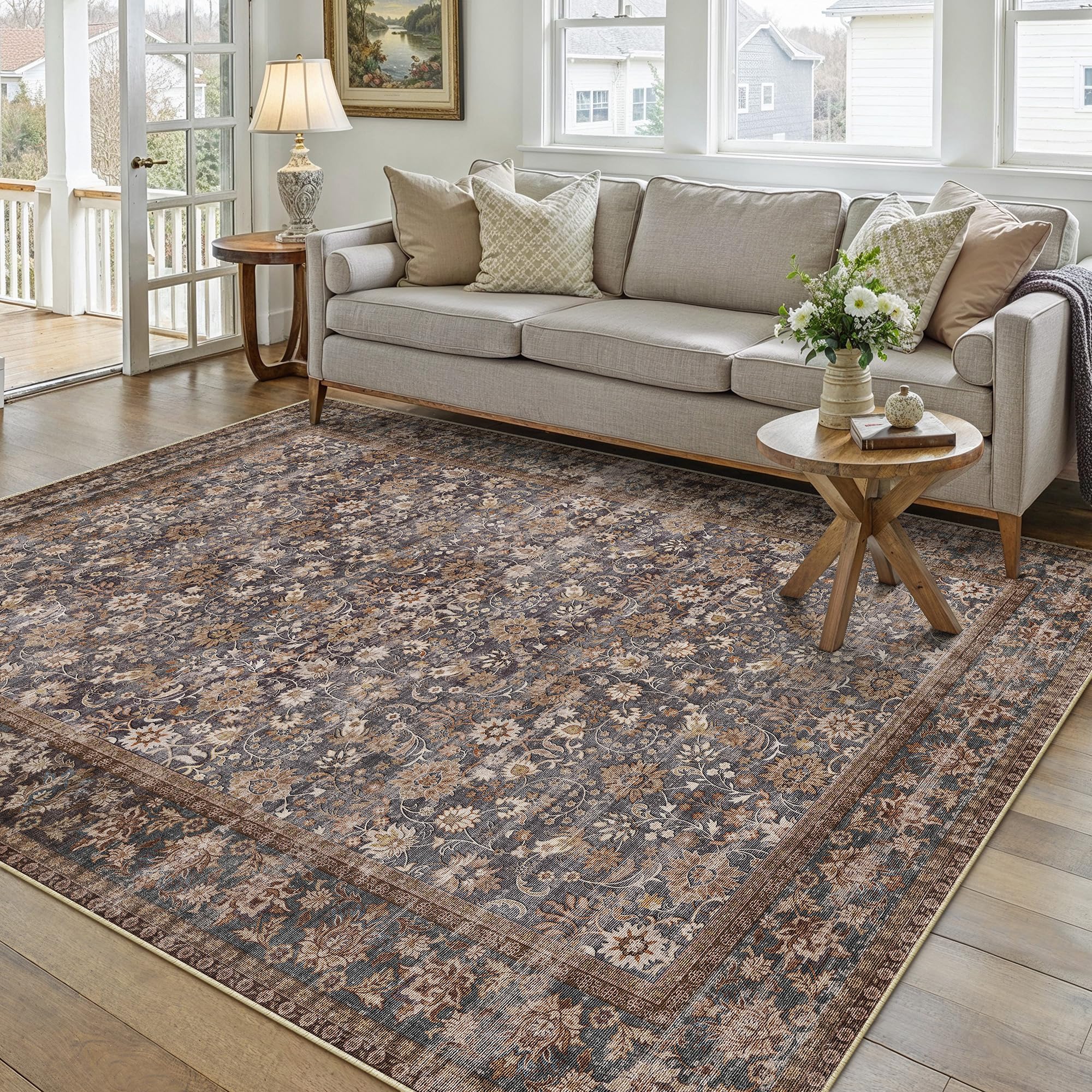 PureCozy Large Area Rug Living Room 160x230cm, Vintage Soft Washable Rugs with Non-Slip Backing, Machine Washable, Lightweight Low-Pile Carpet for Kitchen, Office, Dining Room, Brown & Blue