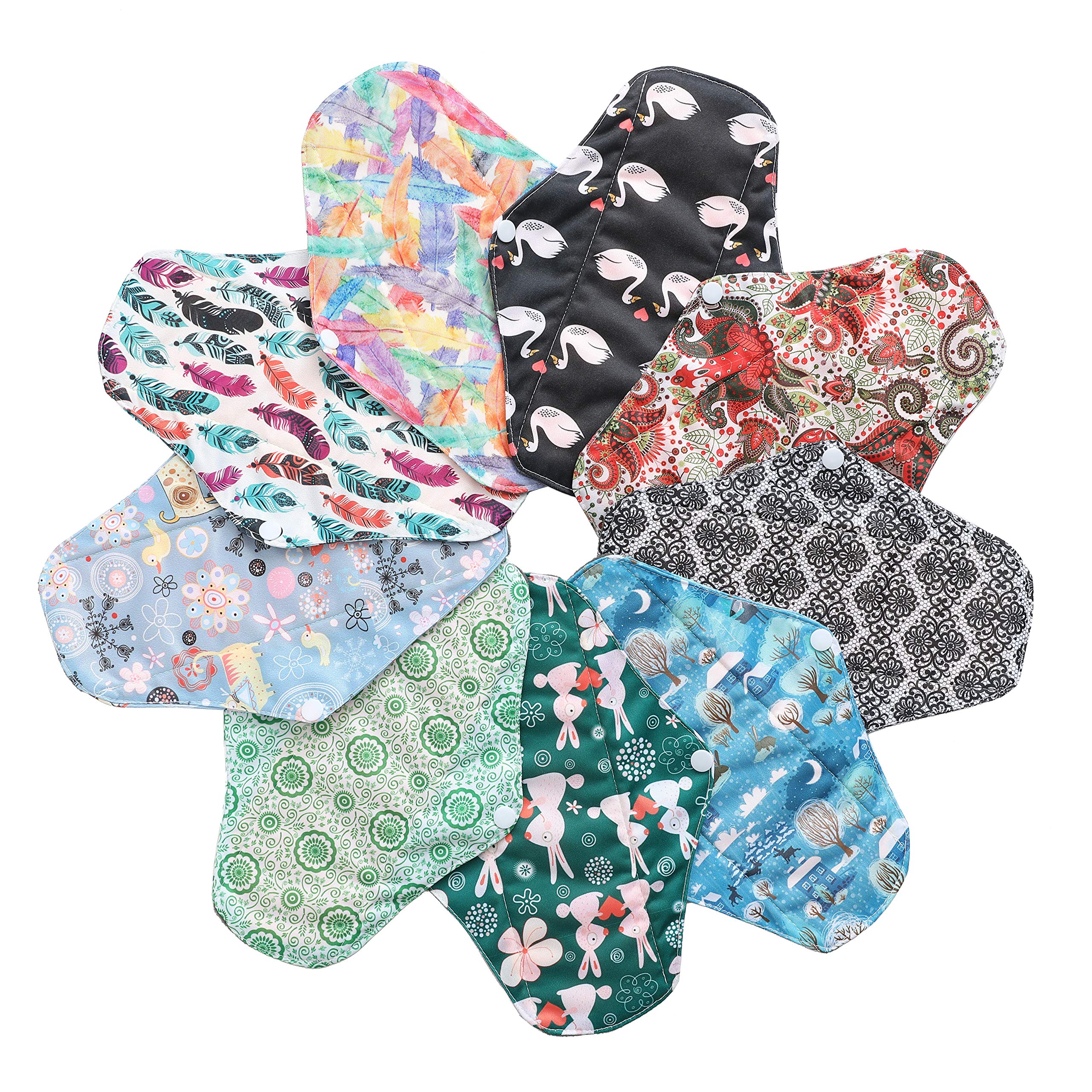 10 Pcs Resuable Menstrual Pads Set Including 1Pc Mini Wet Bag + 9Pcs Regular Flow Waterproof Mama Cloth Sanitary Napkin Pads Menstrual Pads (Regular Set, Regular Flow Bamboo Charcoal)