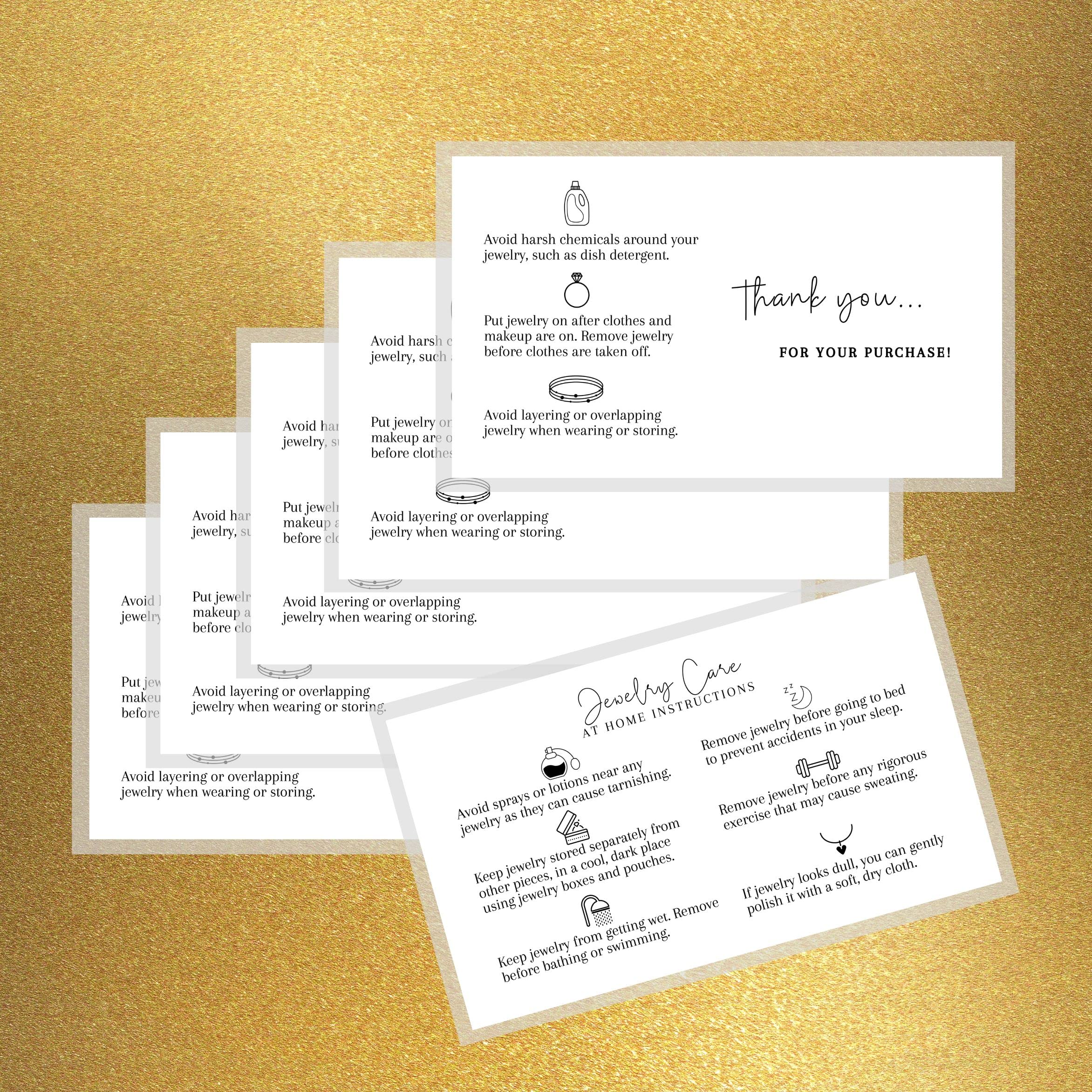 Tarjetas de instrucciones para el cuidado de joyas en casa | Paquete de 50 | Tamaño de tarjeta de visita de 2 x 3.5 pulgadas | Suministros para el cuidado de joyas | Suministros de consultor de joyas