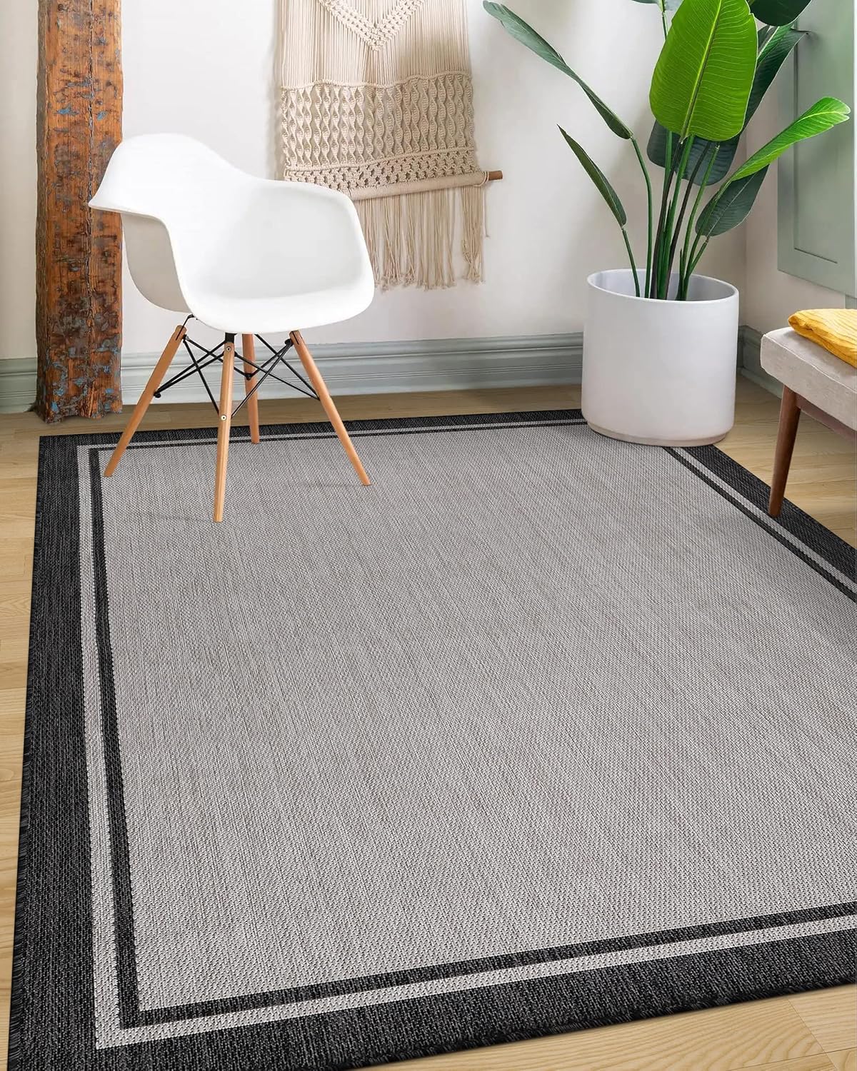 CAMILSON Indoor Outdoor Rug, 5x7 Bordered Gray Dark Grey Modern Area Rugs for Indoor