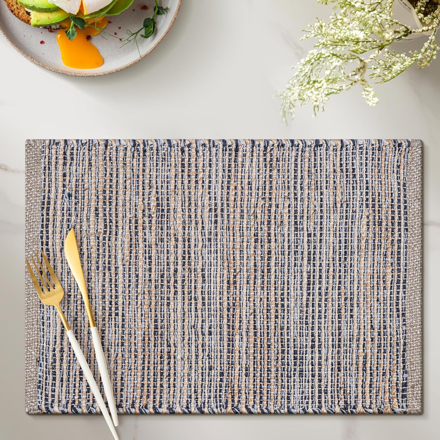 Jute Placemats Set of 4 - Boho Woven Placemats for Dining Tables, Rustic Farmhouse Style, Cotton and Jute, Neutral Colorful Table Mat, 13x19 Inch, Indoor Kitchen Decor - Natural - Grey
