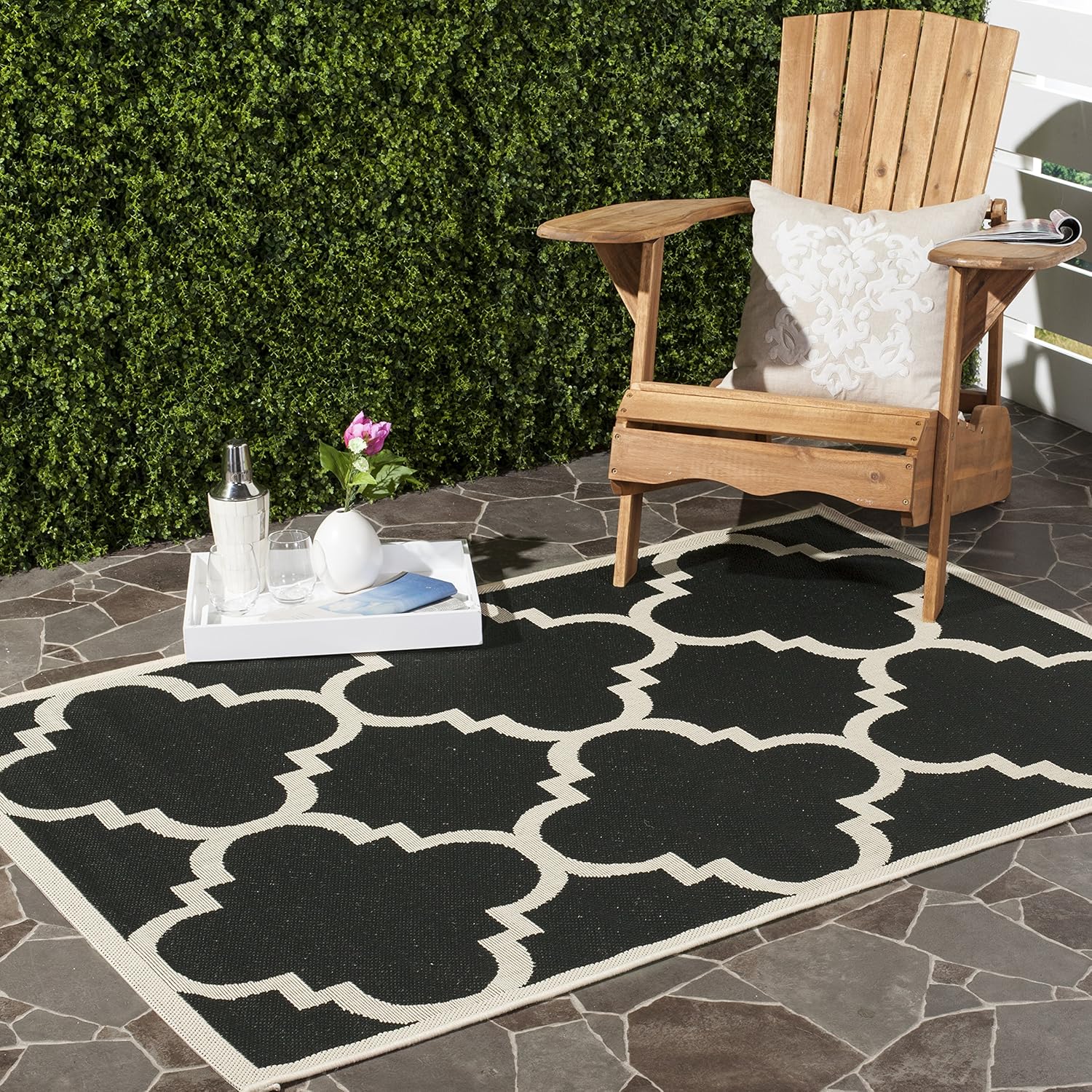 SAFAVIEH Washable Rug Outdoor Courtyard Collection - 2'7" x 5', Black & Beige, Non-Shedding & Easy Cleaning, Ideal for Patio, Backyard, Mudroom (CY6243-266)