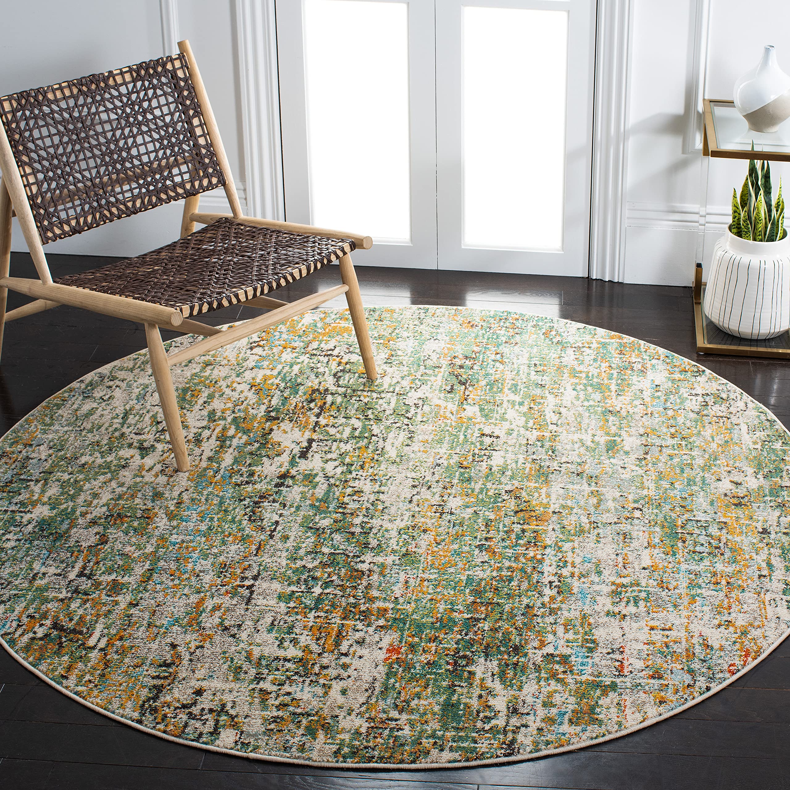 SAFAVIEH Madison Collection 9' Round Green / Turquoise MAD460Y Modern Abstract Non-Shedding Dining Room Entryway Foyer Living Room Bedroom Area Rug