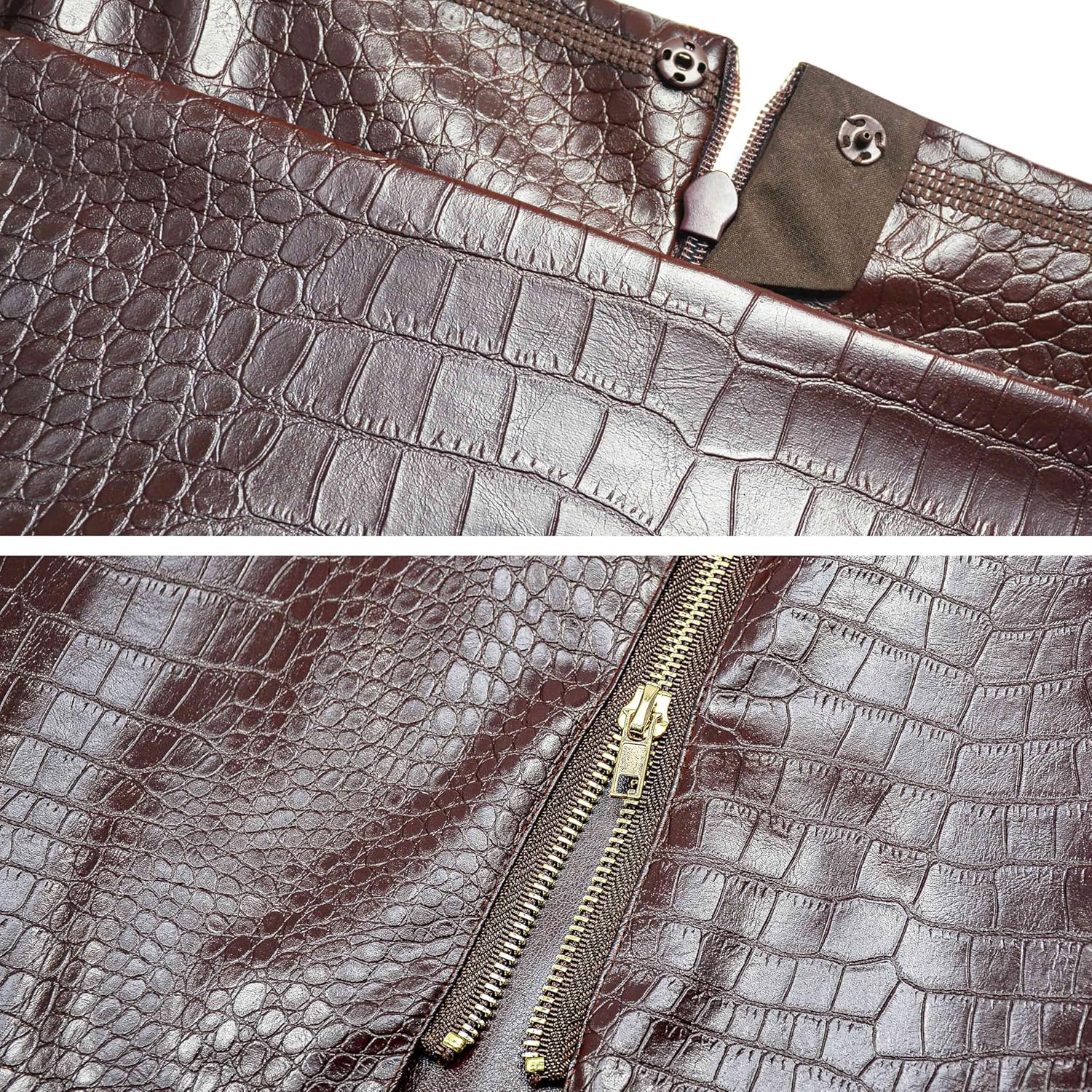 FLUFFY SENSE. Women's Leather Mini Skirt Stretchy High Waisted Zipper Slit Faux Pleather Bodycon Short Pencil Skirt - Image 4