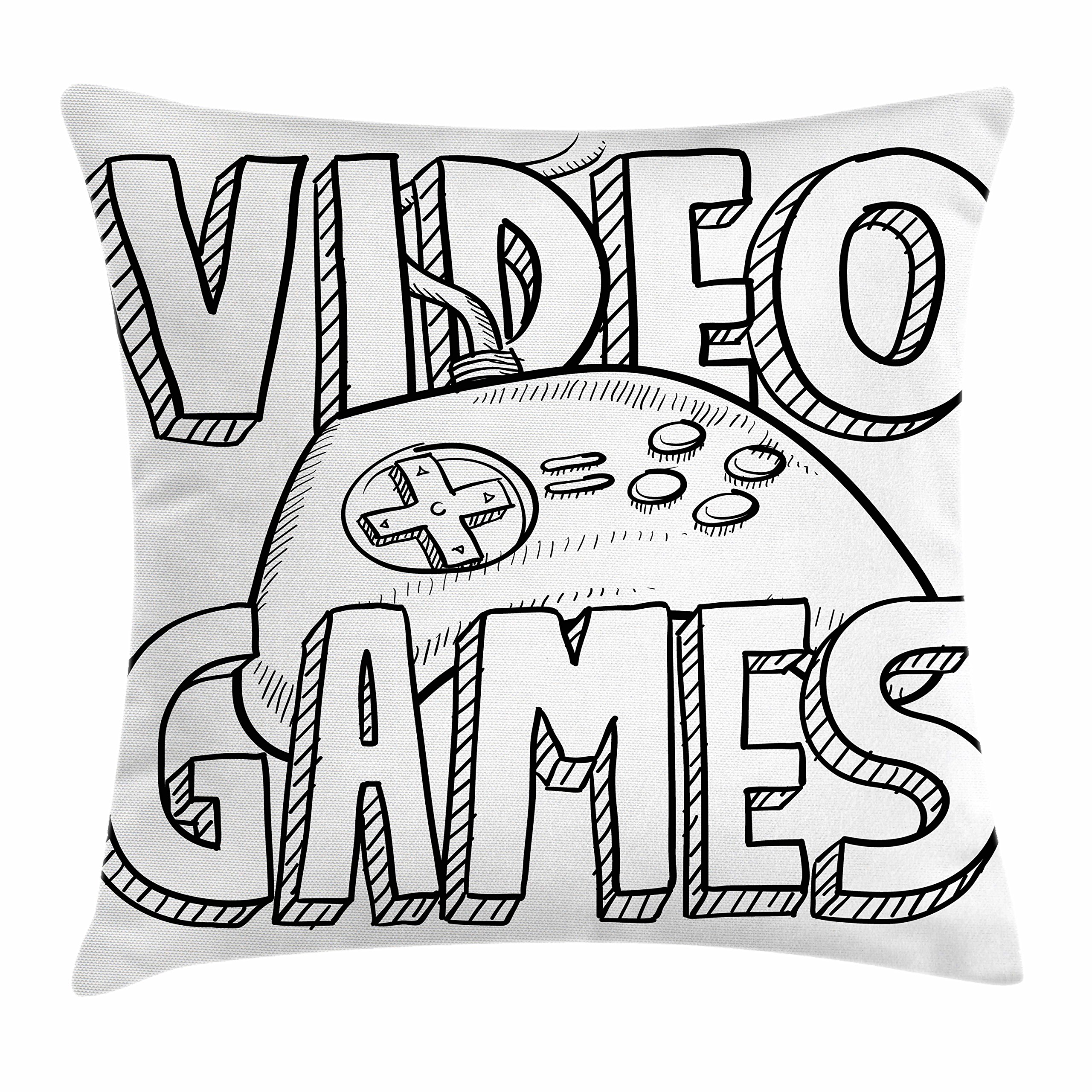 Lunarable Cartoon Throw Pillow Cushion Cover, Doodle Style Video Games Typography Design a Controller Sketch Art, Decorative Square Accent Pillow Case, 40