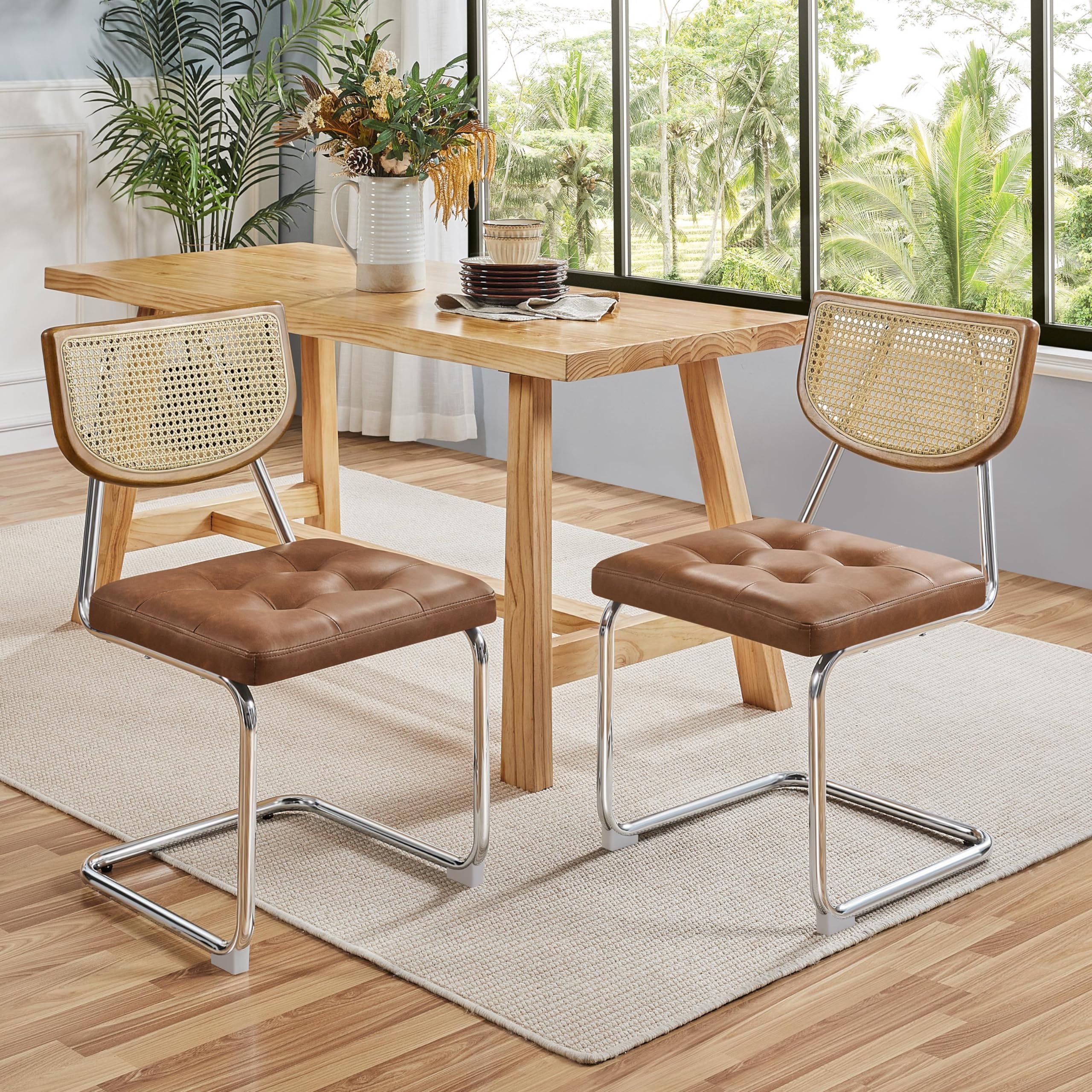 Yaheetech Küchenstuhl Esszimmerstühle Rückenlehne aus Rattan Schwingstuhl aus Kunstleder Polsterstuhl fürs Esszimmer/Küche/Wohnzimmer/Restaurant Retro-Braun, 2er Set