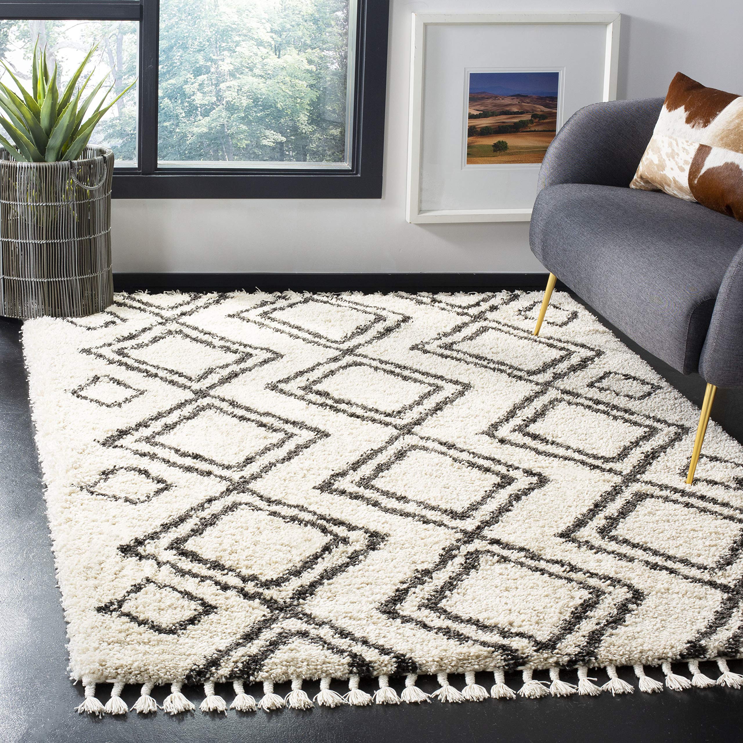 SAFAVIEH Moroccan Fringe Shag Collection Area Rug - 5'3" x 7'6", Cream & Charcoal, Boho Tribal, Non-Shedding & Easy Care, 2-inch Thick Ideal for High