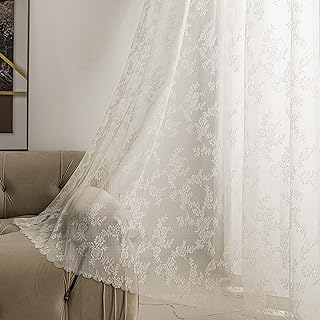 Sutuo Home Ivory Lace Curtains 84 Inches Long 2 Set, Sheer Panels Floral Embroidery Vintage Voile Window Treatment Pair for Bedroom Living Room Kitchen, Retro Christmas Decor Rod Pocket, W57 x L84 - Buy now