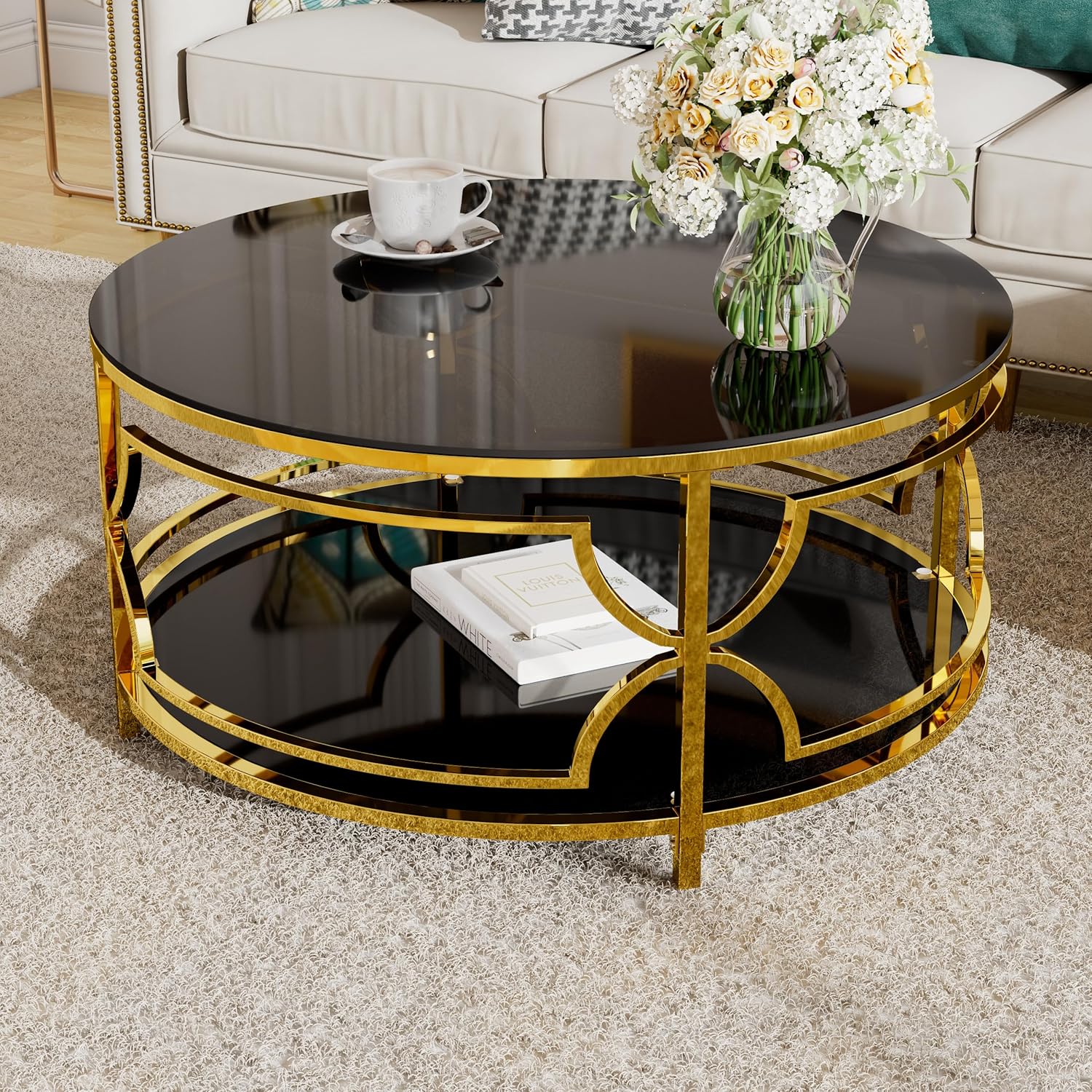 30.7" Black and Gold Tempered Glass Coffee Table with Storage, Luxury Circle Center Table with Shelf, 2 Tier Round CoffeeTable for Living Room Modern Mirror CoffeeTable, Geometric Metal Base