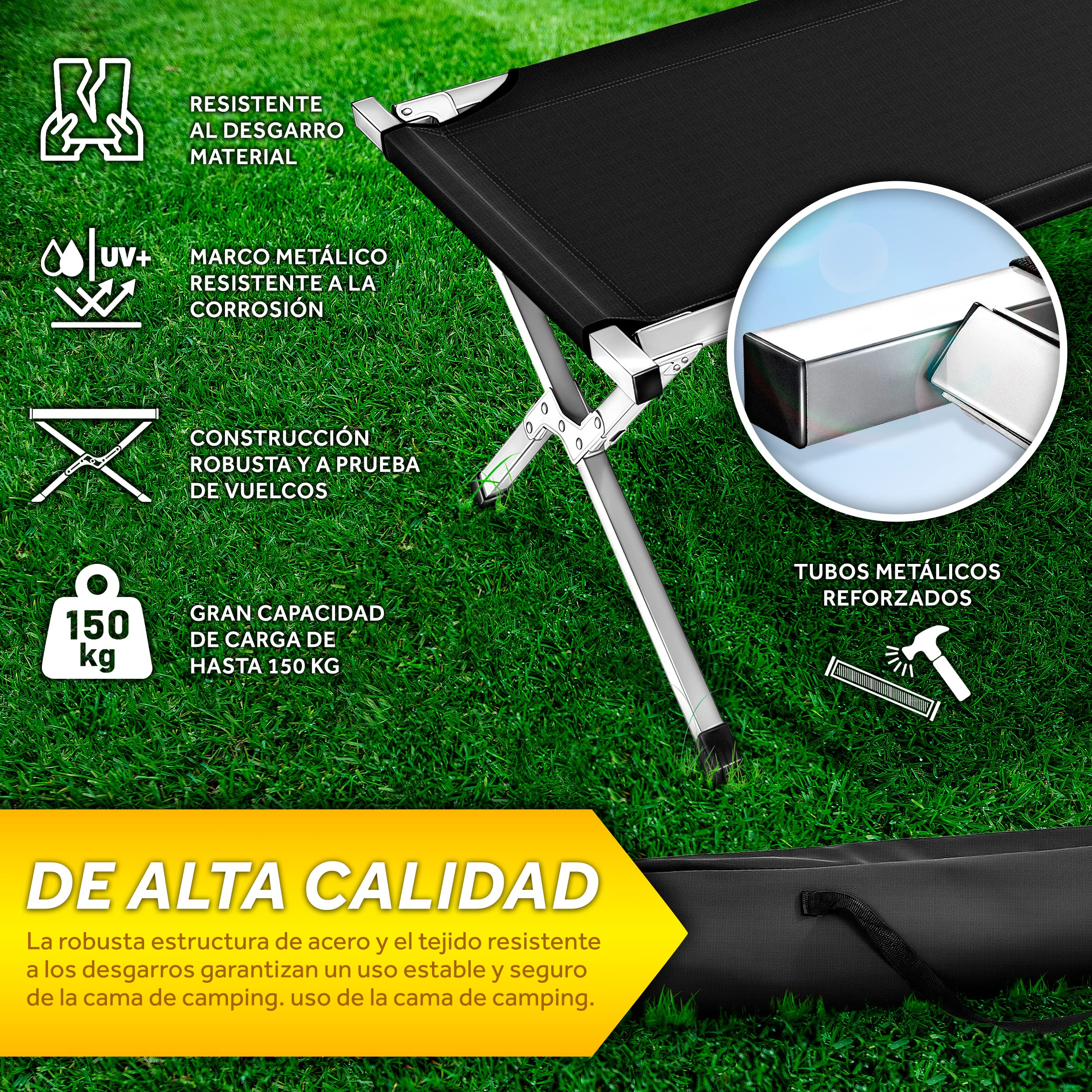 TRESKO Cama Plegable de Camping XL | Camilla para Acampar | catre portátil para Invitados | Tumbona para Exterior e Interior | soporta hasta 150 kg, Bolsa de Transporte