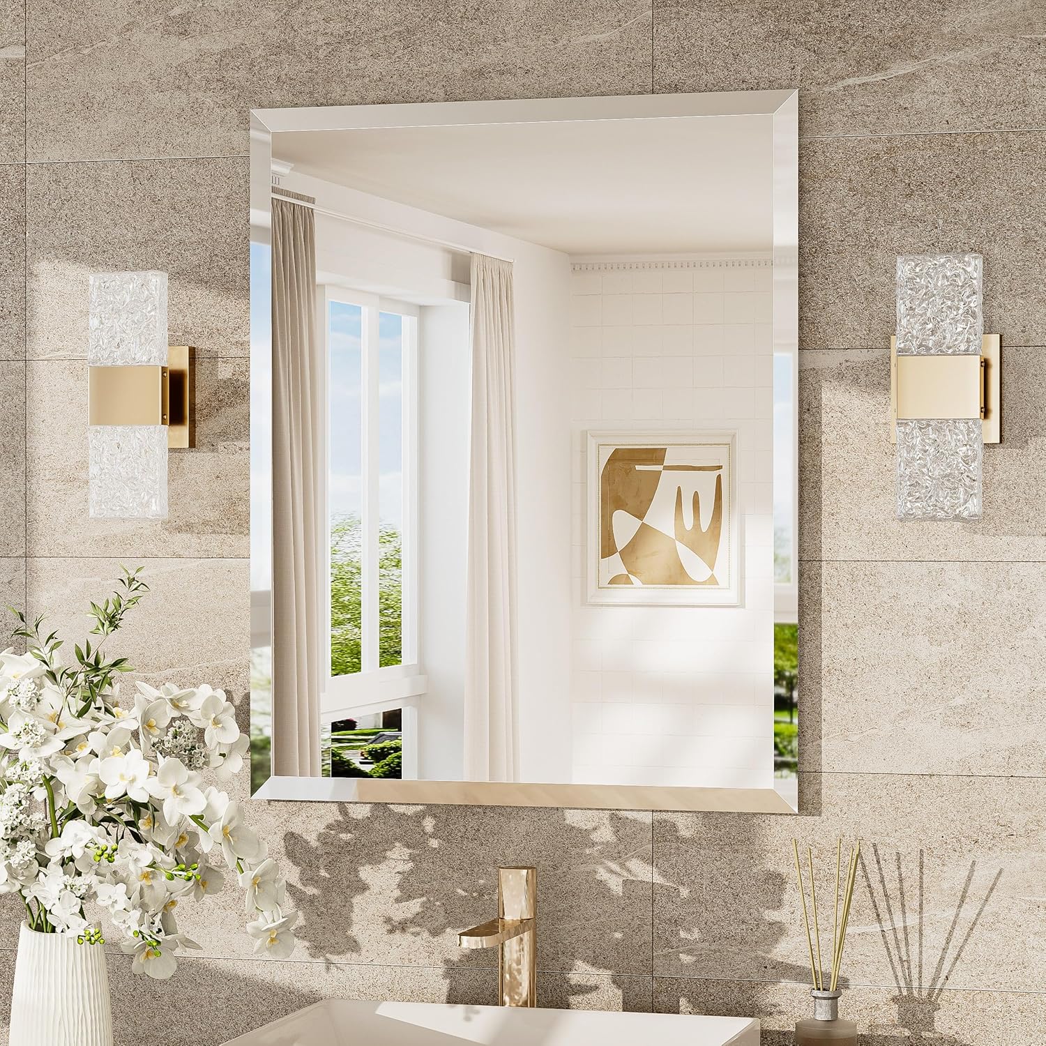 TokeShimi 24x30 Frameless Bathroom Mirror for Over Sink Tempered Beveled Wall Mirror with 1 Beveled Edge Shatterproof Rectangle