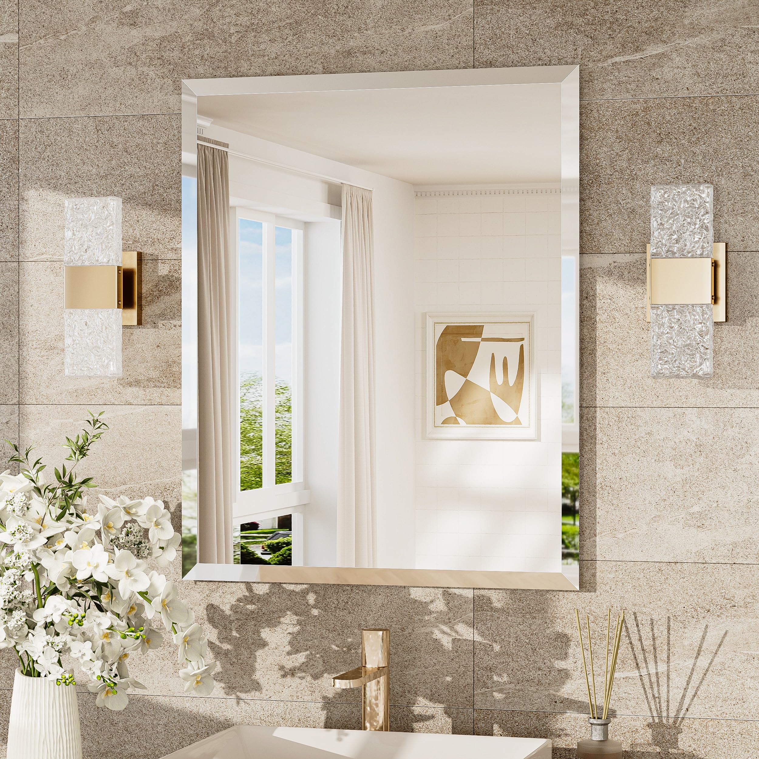 TokeShimi 24x30 Frameless Bathroom Mirror for Over Sink Tempered Beveled Wall Mirror with 1 Beveled Edge Shatterproof Rectangle